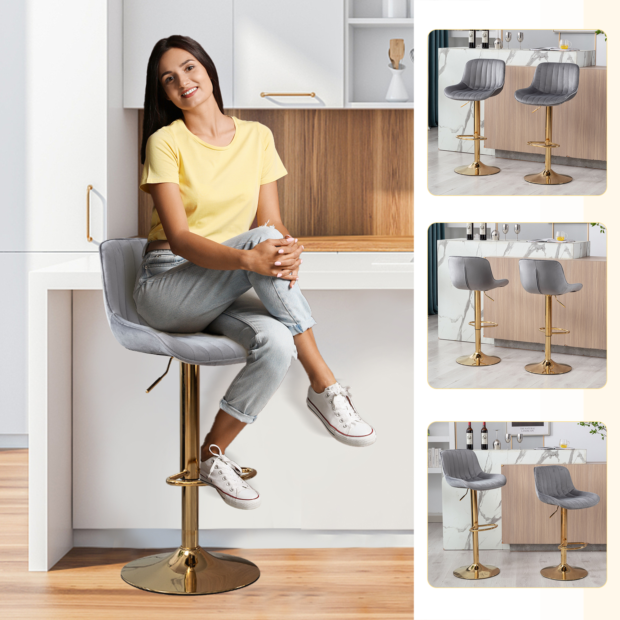 KINFFICT Bar Stools Set of 2, Counter Height Bar Stools, Barstools Bar Height, Velvet Swivel Bar Stools with Woven Back, for Kitchen Island,Gray