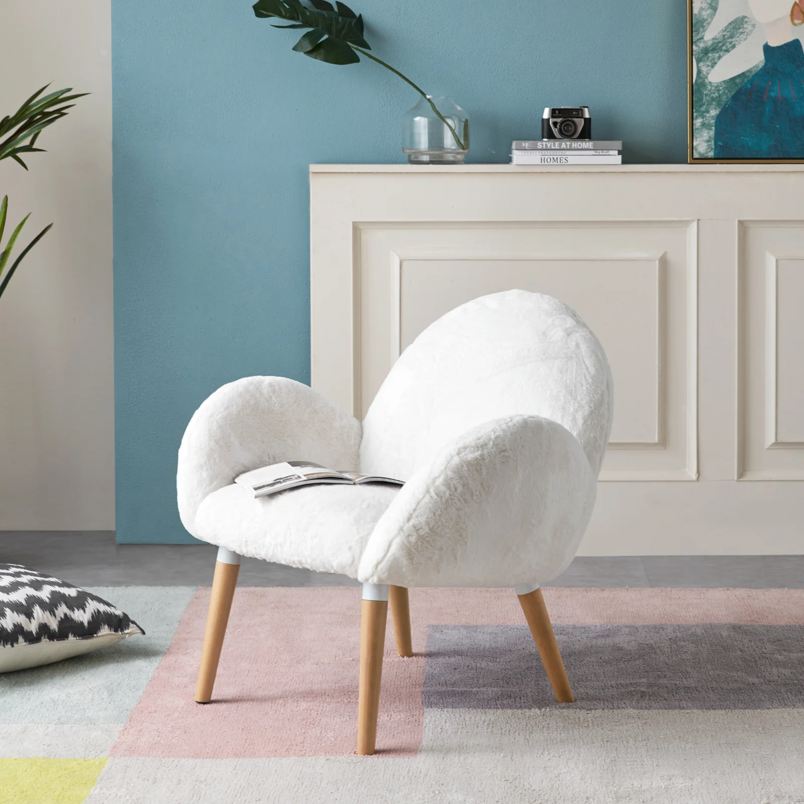 Marsrizon Sherpa Chair Faux Wool White Chair, Solid Wood Frame Arm Chair Modern Lounge Chair for Bedroom, Living Room, Office, Study