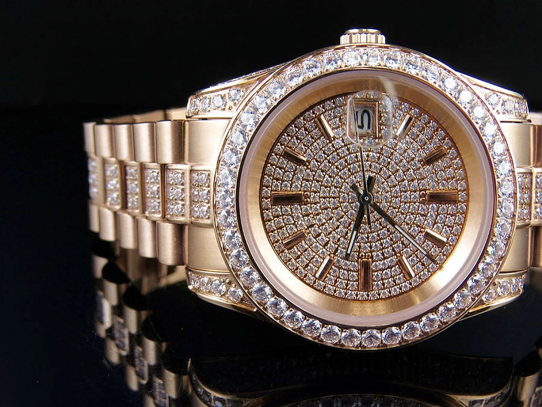 Mens Rose Gold Stainless Steel Presidential Simulated Diamond Watch 41MM