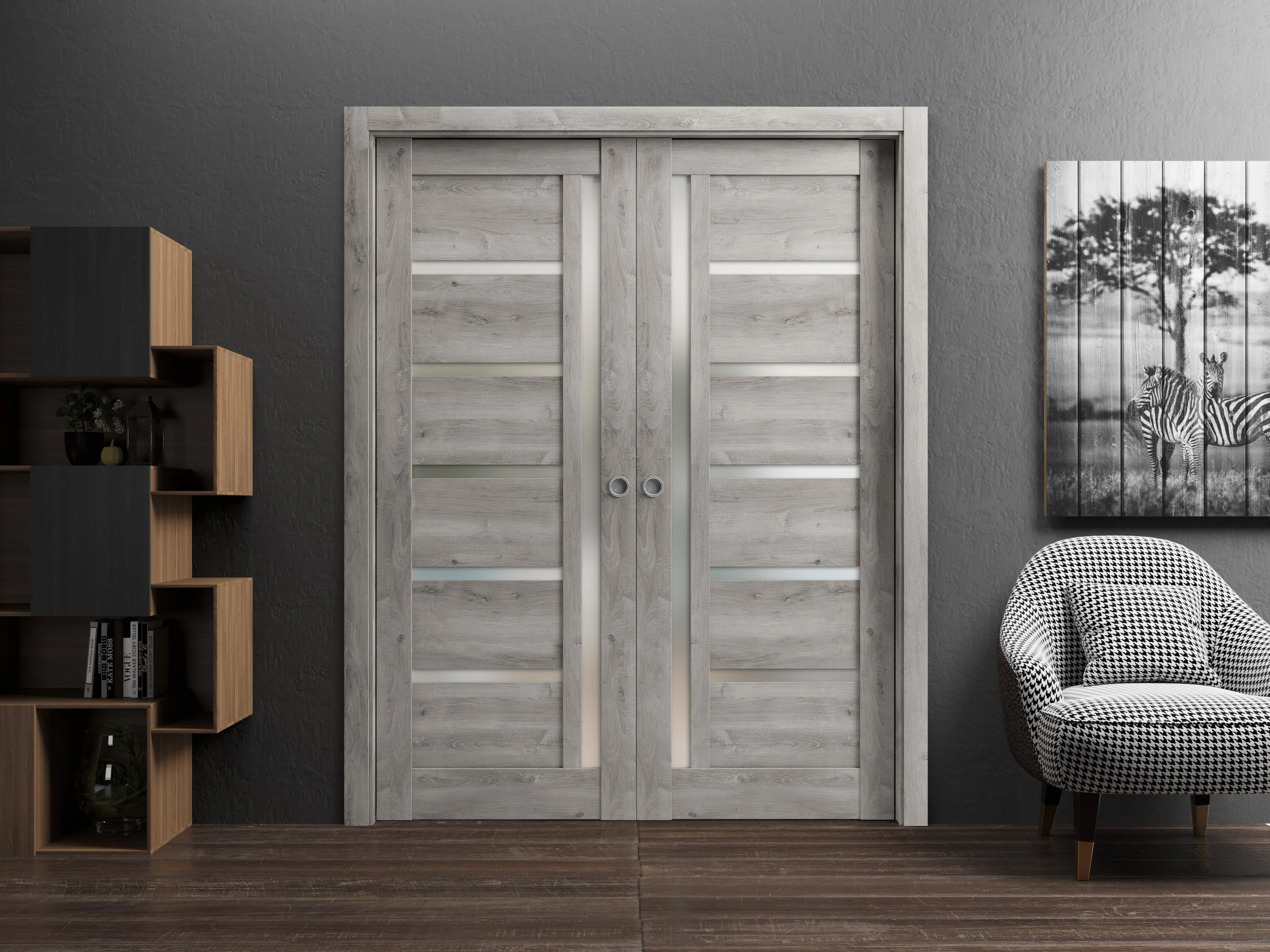 Sliding French Double Pocket Doors 60 x 84 inches | Quadro 4088 Nebraska Grey with Frosted Glass | Kit Trims Rail Hardware | Solid Wood Interior Bedroom Sturdy Doors