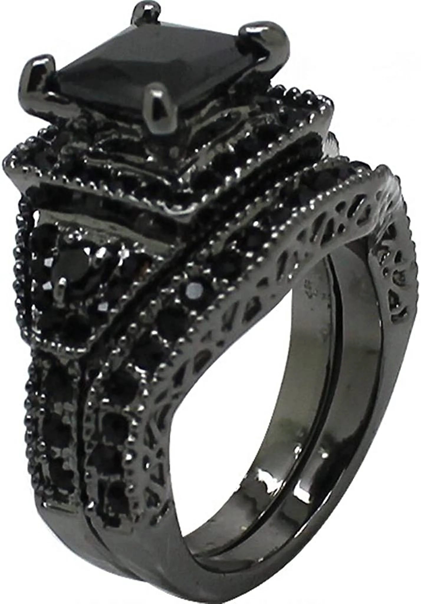 Black Onyx Princess Cut Anniversary Wedding Bridal Ring Set