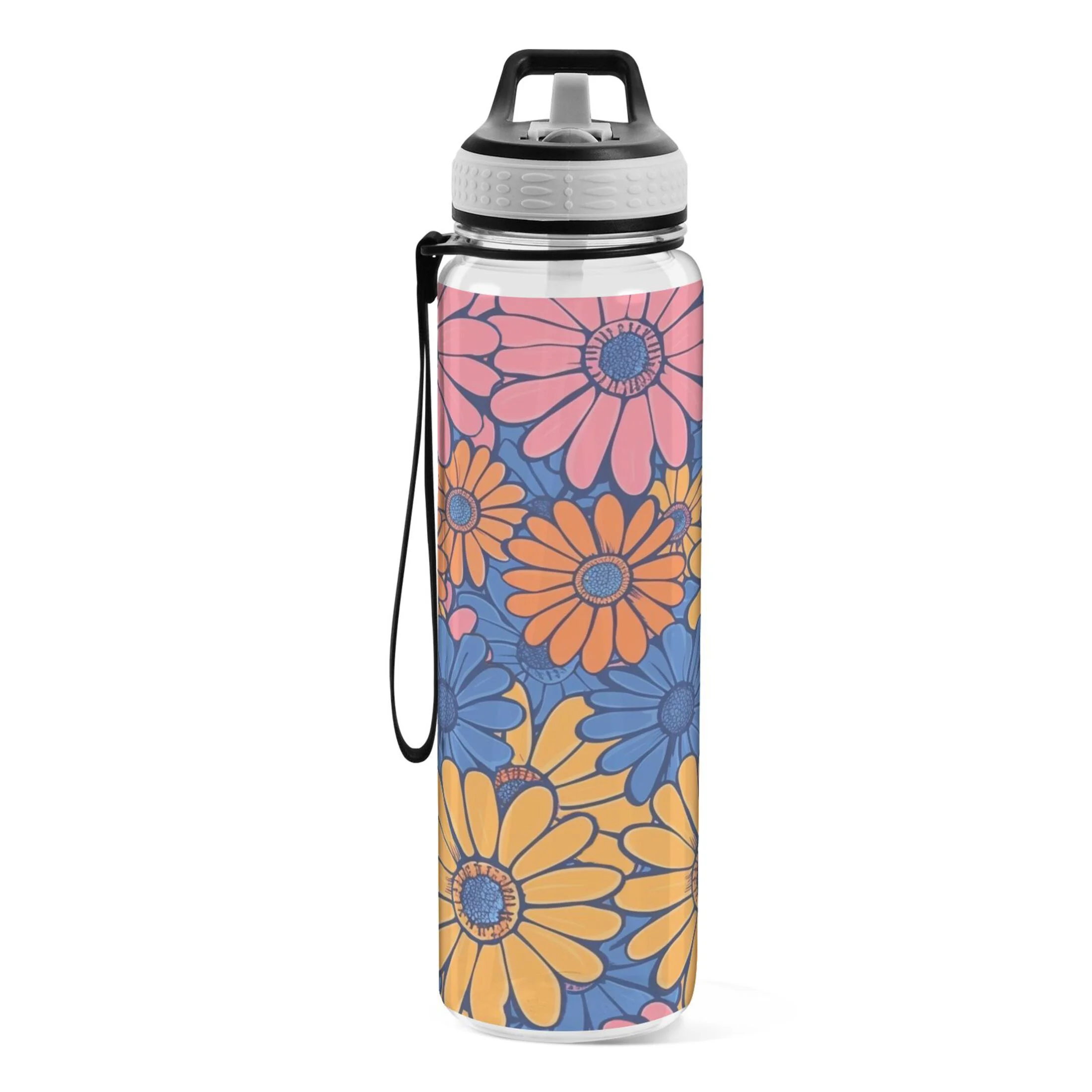 Blue and Pink Flowers 32oz Sports Water Bottles Leakproof Tritan Bottle with Straw BPA Free Clear Bottle for Fitness Gym Outdoor Cycling