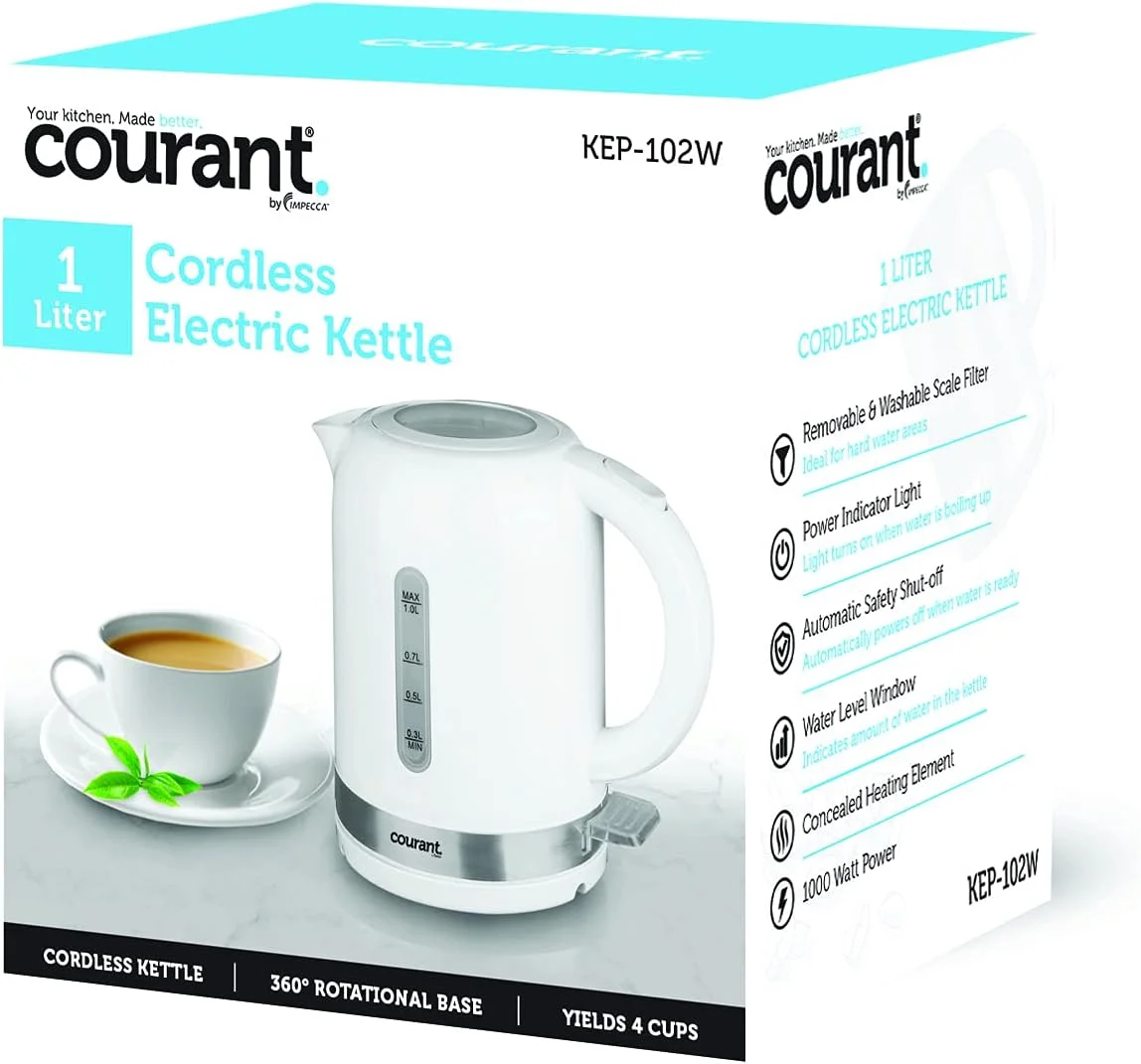 Cordless Electric Kettle 1 Liter, 1000W 360 Rotational With LED Light For Tea Coffee Hot Chocolate Soup Hot Water, White