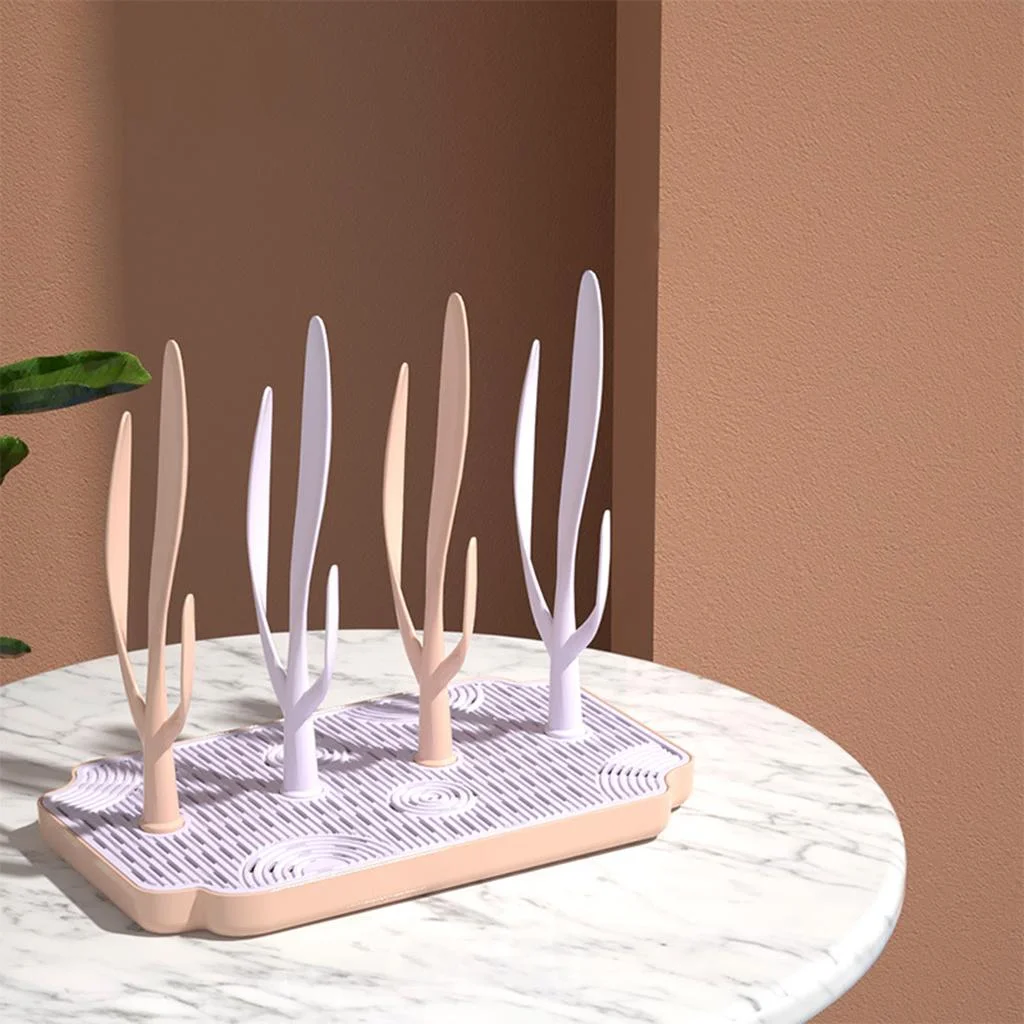 Portable Baby Bottle Drying Rack Countertop Cleaning Brush Holder Storage with Drainer Tray Space Saving pink