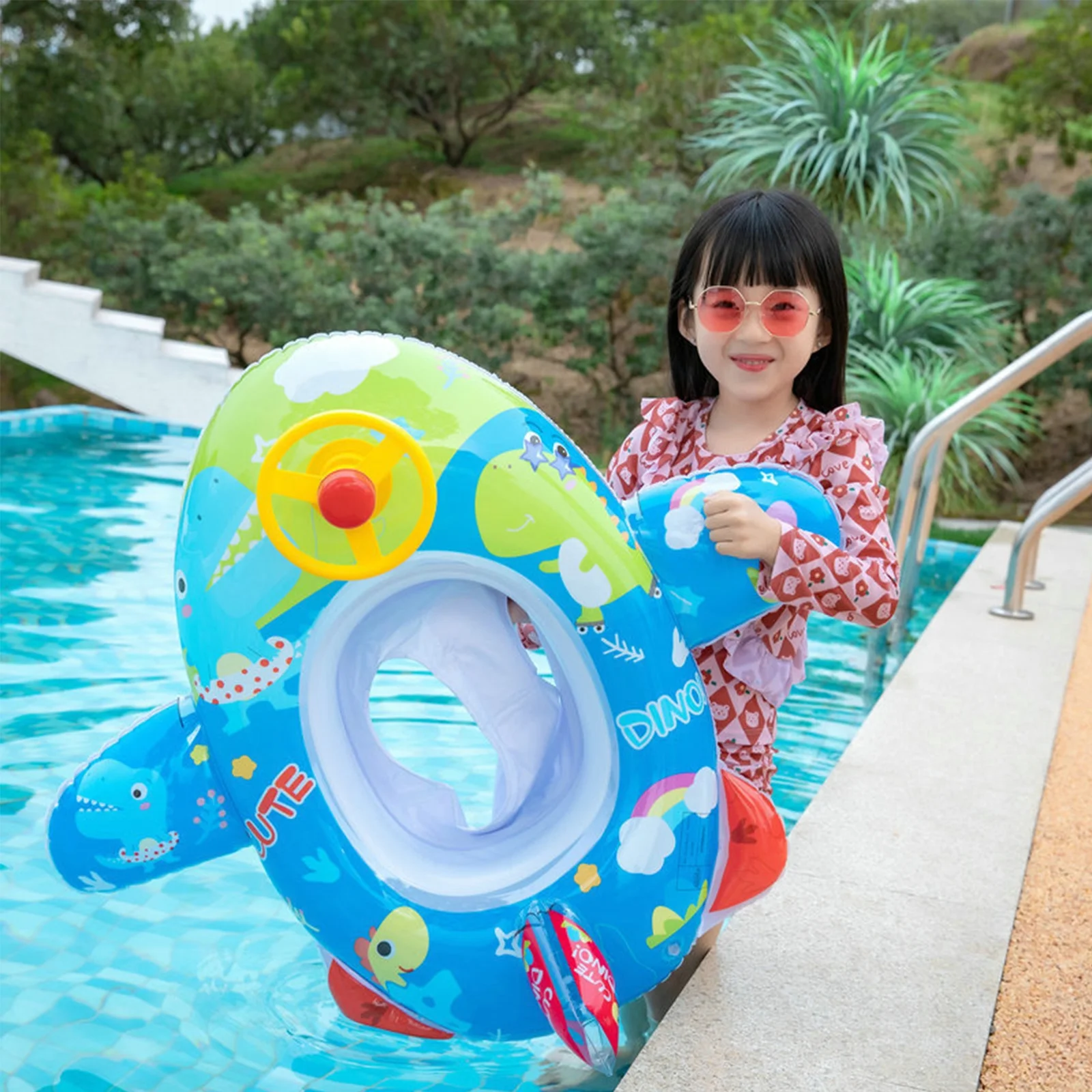 XMASMATE Baby Inflatable Pool Float Ring Dinosaur Pattern Swimming Float Boat with Steering Wheel Horn for Kids Seat Infant Boat Pool Ring Summer Inflatable Toys Outdoor Water Fun Ring for Babies 6-36