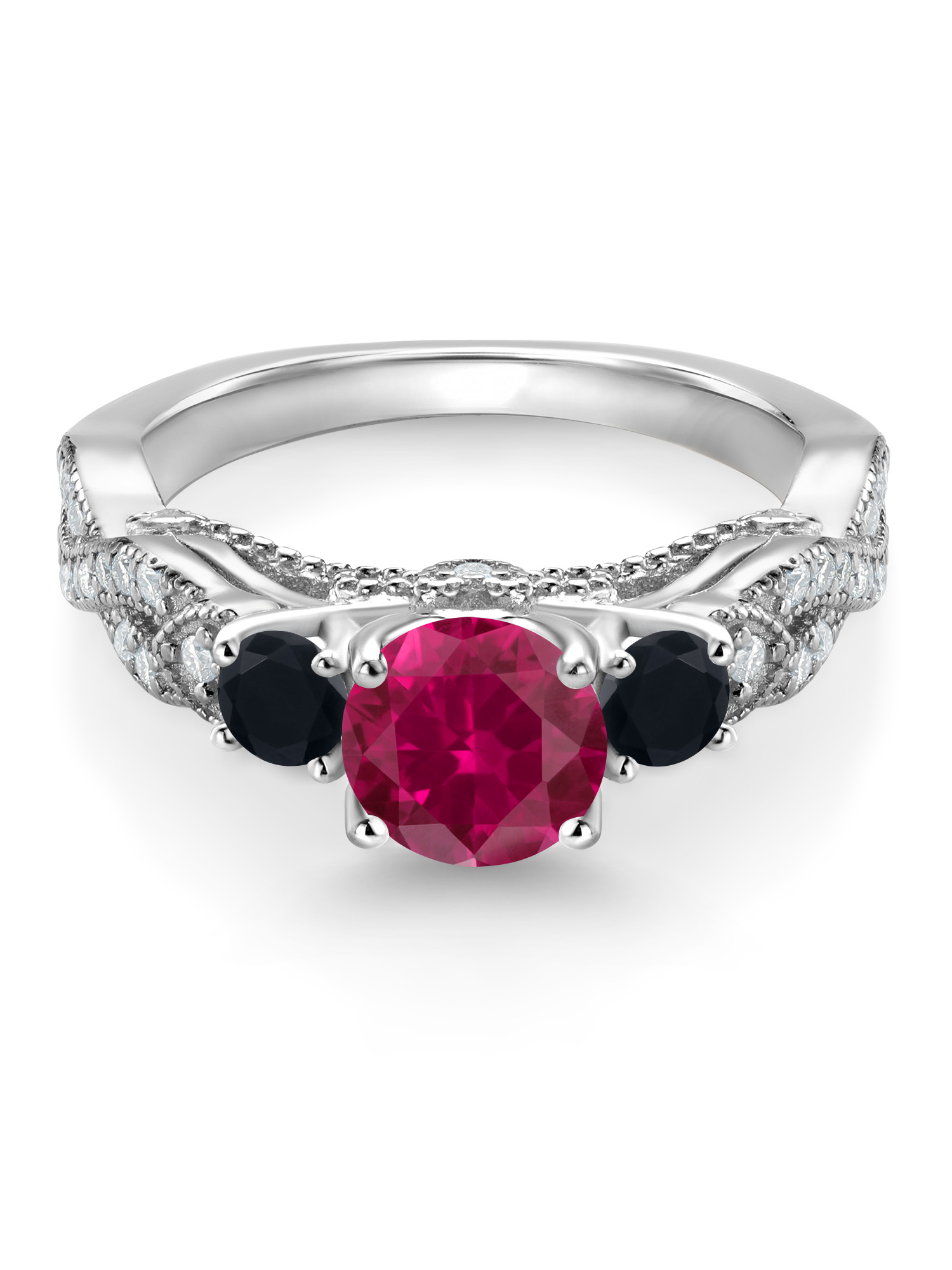 Gem Stone King 925 Sterling Silver Red Created Ruby Black Onyx and White Moissanite Engagement Ring For Women (1.47 Cttw, Gemstone July Birthstone, Round 6MM and 3MM)