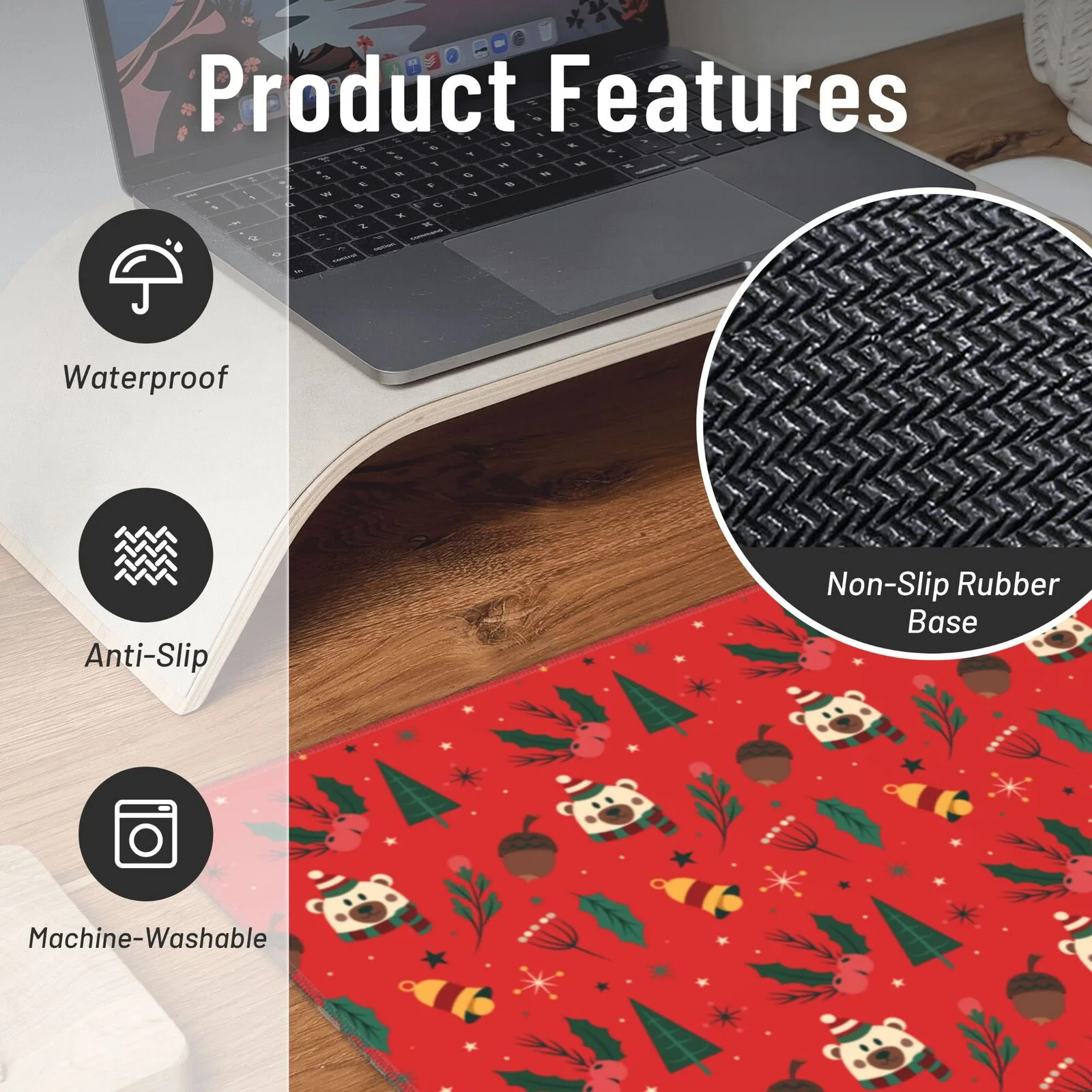 XMXT Non-Slip Gaming Mouse Pad, Christmas Tree Bear Bells Mousepad Computer Keyboard Mats Desk Pads Office Decor Accessories, 15.8