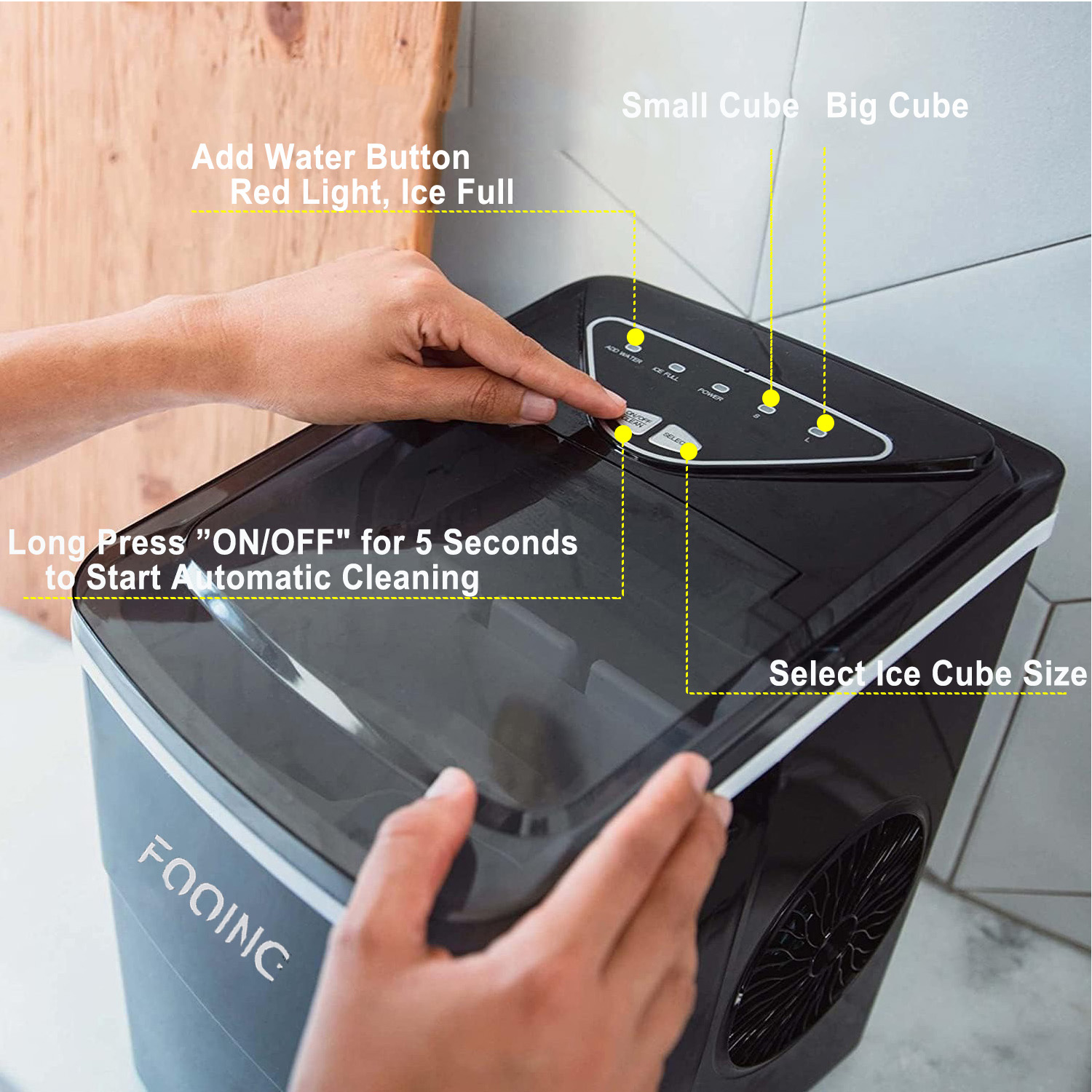 FOOING-OFFICIAL Ice Maker Machine, Low Noise Ice Machine Portable Bullet Shape Fast Speed Ice Maker, Home Use Ice Cube Maker (Black)