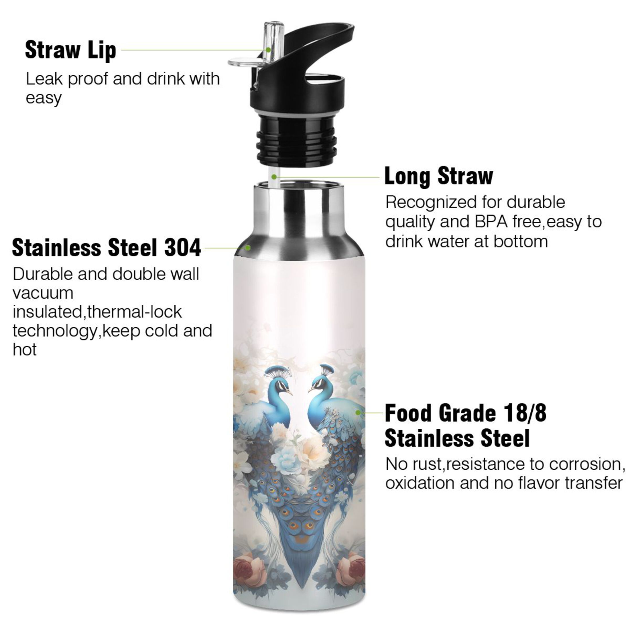 Water Bottle with Straw Lid Leak Flower and Peacocks Stainless Steel Insulated Thermos Vacuum Flask for Cold Hot Drinking for Sports Camping Gym Yoga