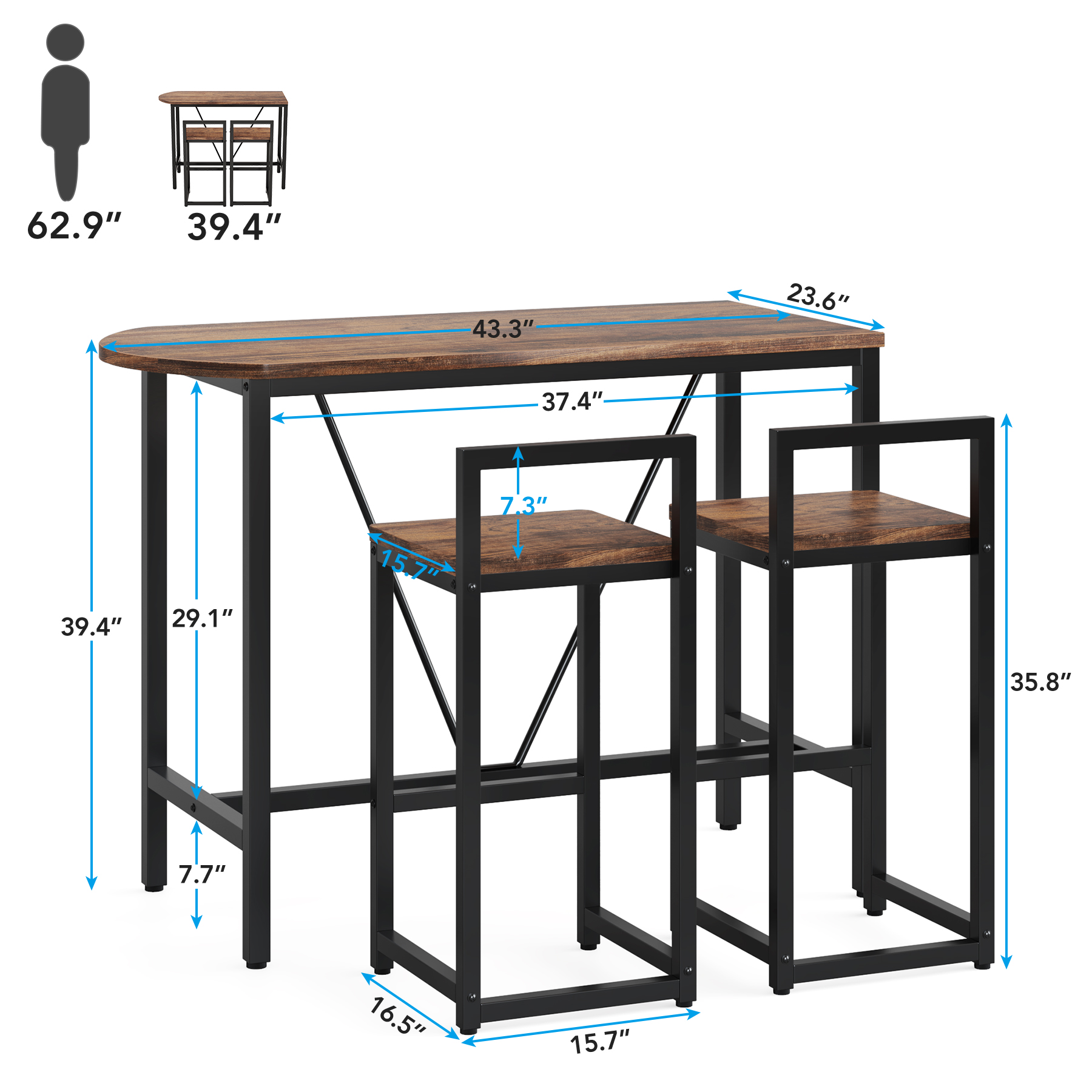 Tribesigns 3-Piece Bar Table Set, 2-Person ,39.4 Marble White, for Kitchen and Living Room