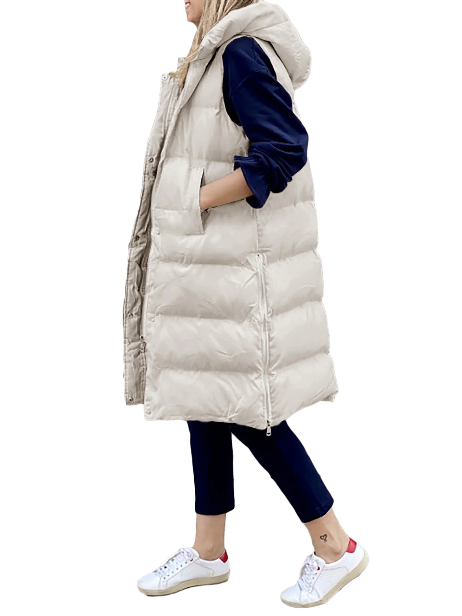 CenturyX Women Puffer Vest With Hood Long Thick Solid Sleeveless Zipper Quilted Jacket Lightweight Winter Coat With Pockets Beige L