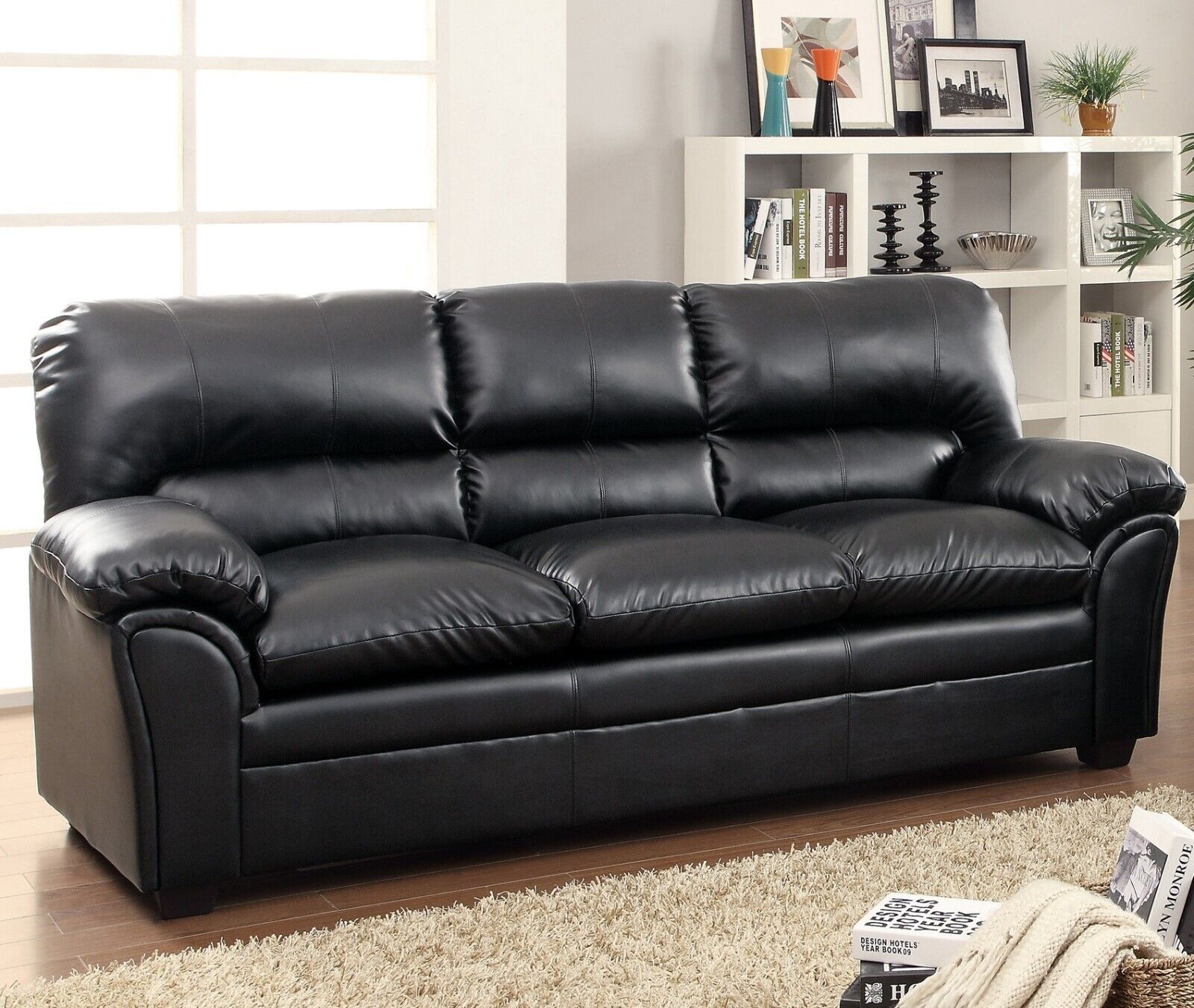 Stylish Black Sofa Set 2pc Sofa Loveseat Faux Leather Upholstered Comfortable Seating Living Room Furniture