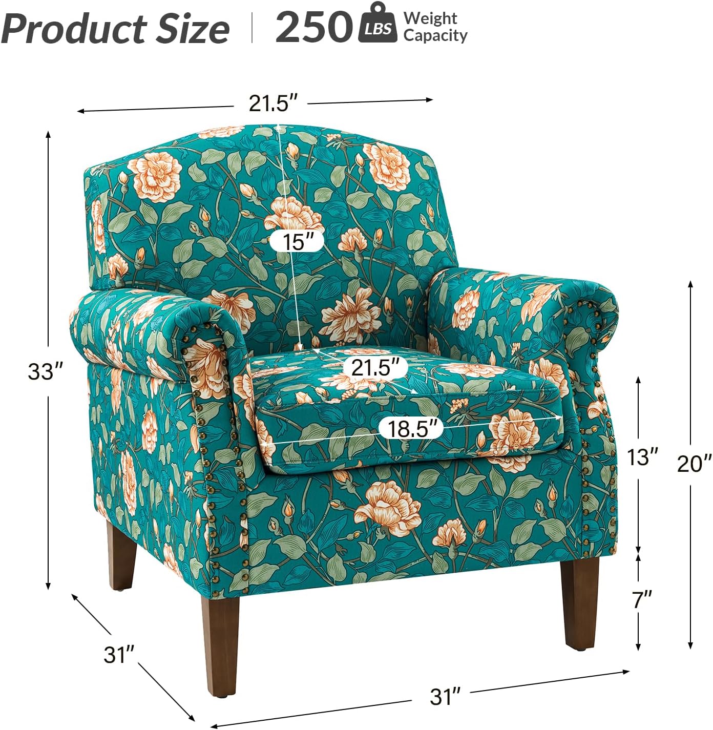 Modern Accent Chair With Wood Legs & Removable Cushion, Comfy Upholstered Armchair Nailhead Trim, Floral Design Single Sofa Cozy Club Chair For Reading Office Living Room Bedroom, Teal