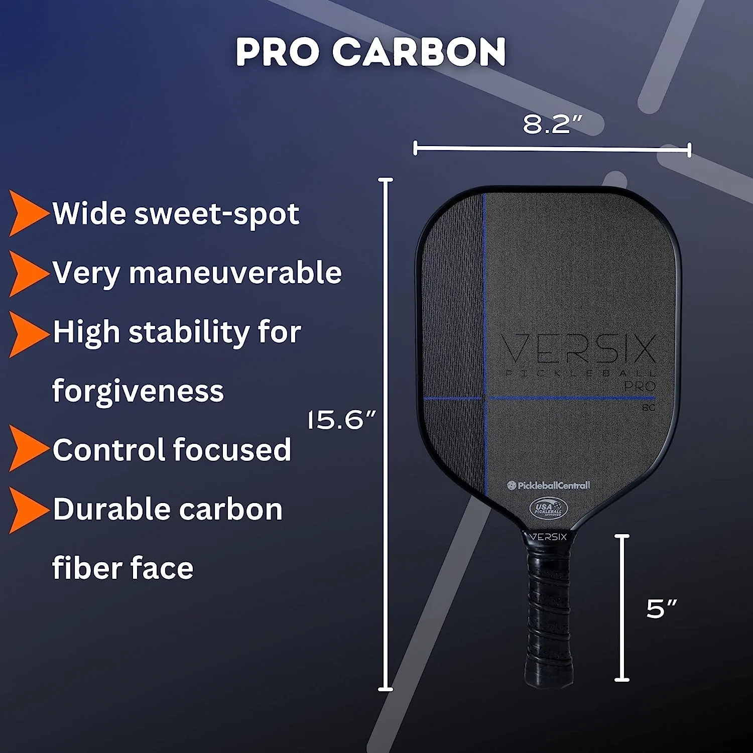 VERSIX Pro 6C Carbon Control Textured Pickleball Paddle - Carbon Fiber Face, Weight 7.8 – 8.2oz.(Midweight), 15mm Thick Polypropylene Core, 4 1/8