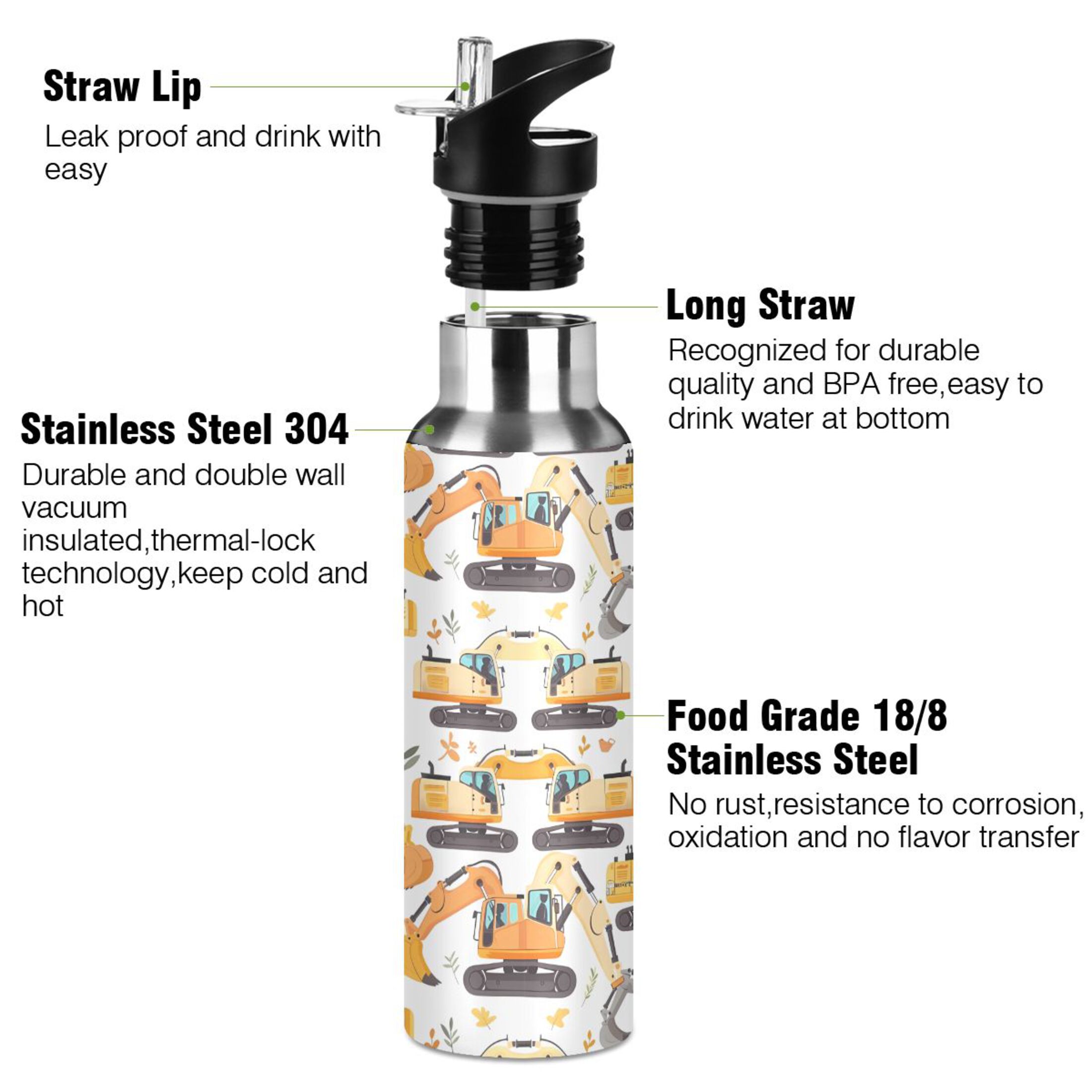 Excavator Cartoon Water Bottles Insulated Thermos Kids Stainless Steel Bottle with Straw Lid Flask Leakproof for Sports Gym 20 oz