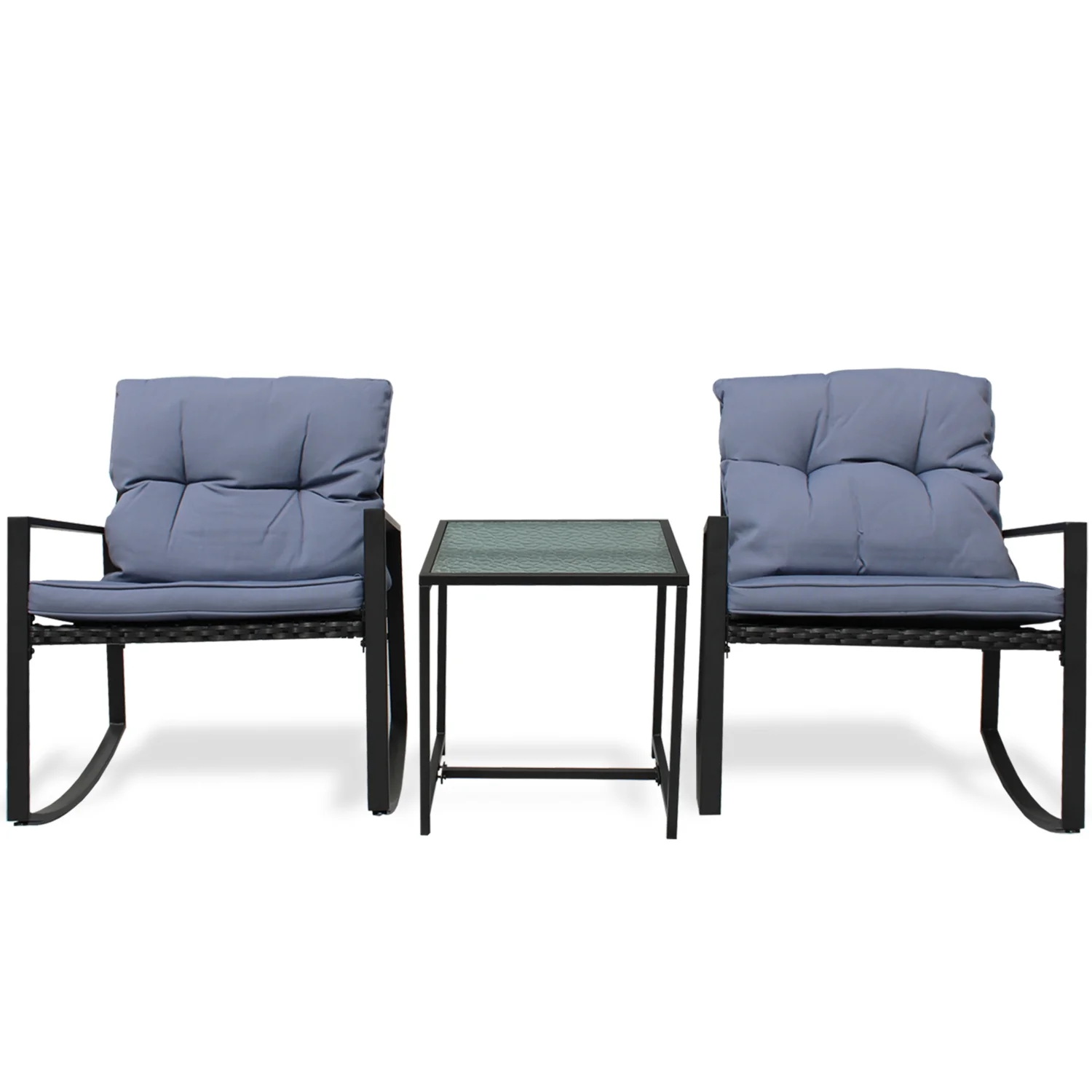 Patio 3-Piece Rocking&nbsp;Rocking Chair Set: Black Wicker Furniture-Two Chairs with Glass&nbsp;occasional&nbsp;Table