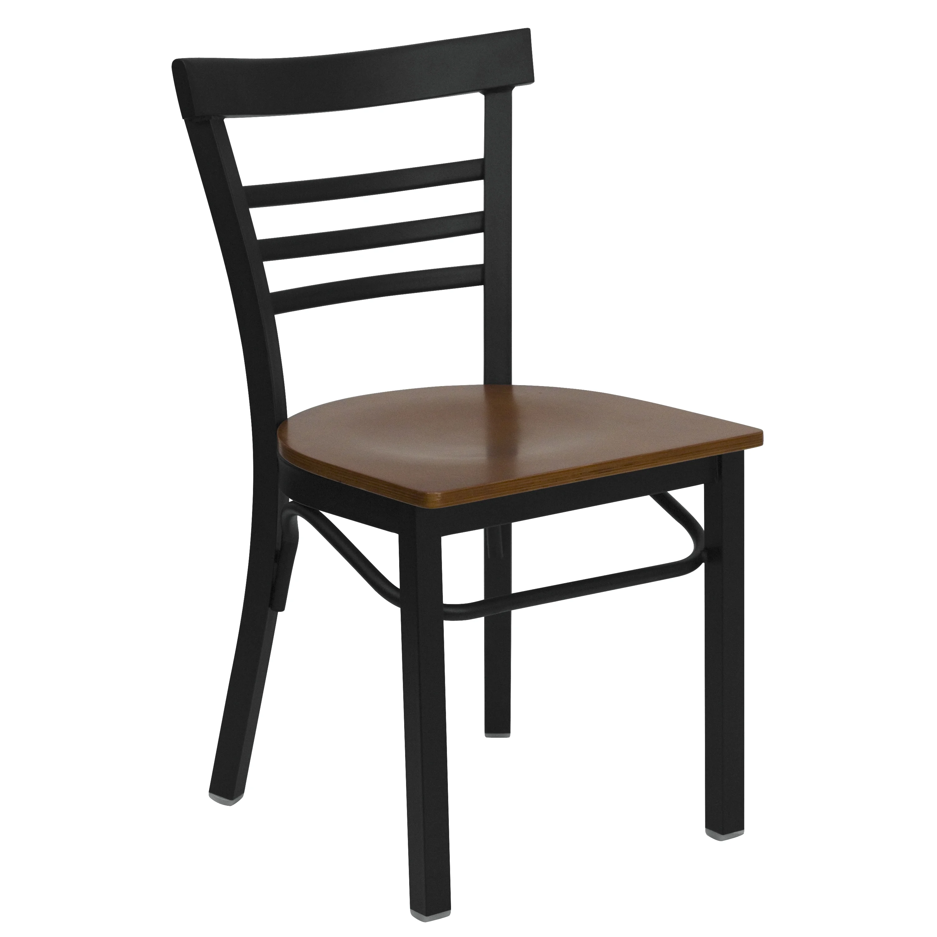 BizChair Black Three-Slat Ladder Back Metal Restaurant Chair - Cherry Wood Seat