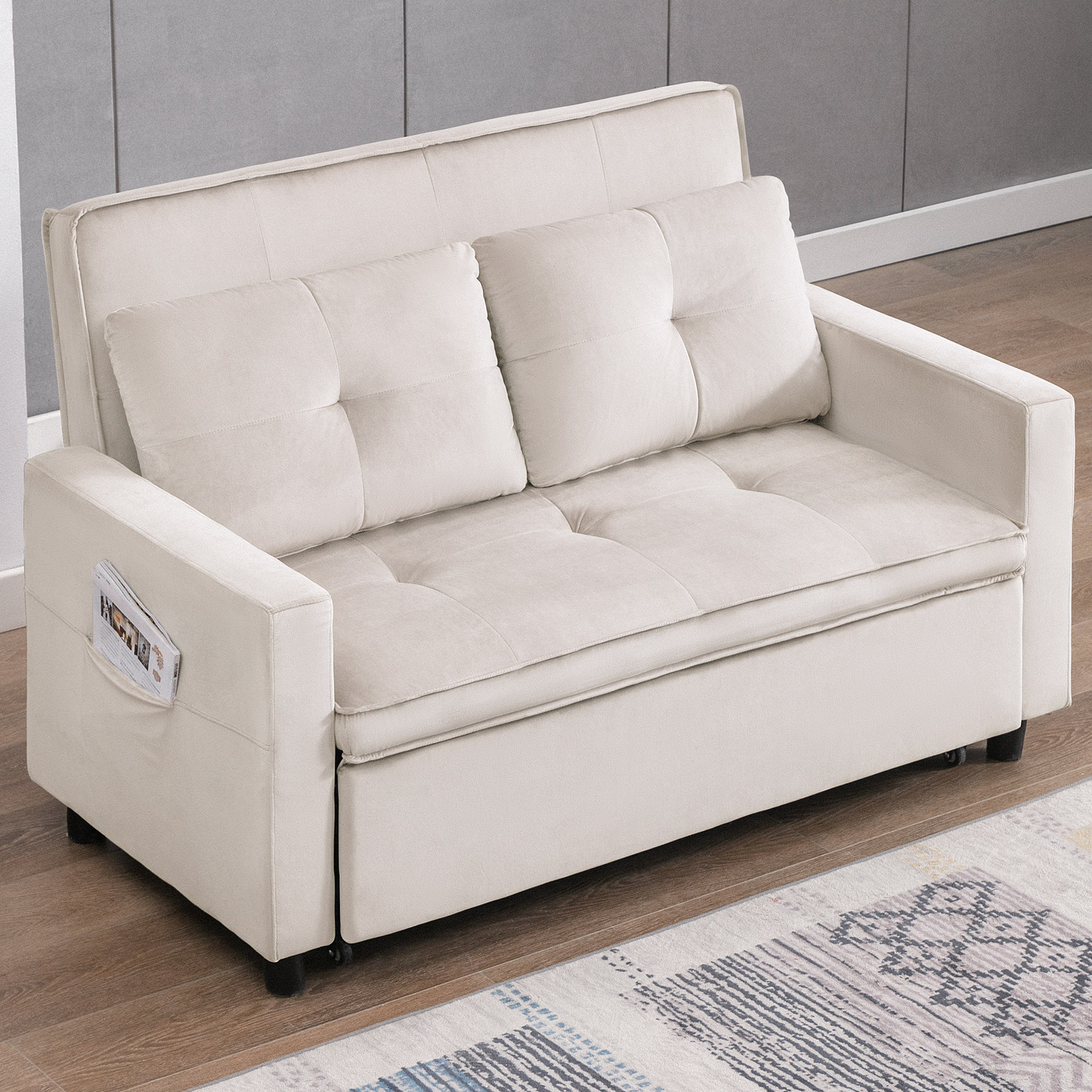 MUZZ Loveseat Sofa, Convertible Sofa Bed with Side Pockets, 2 Seater Small Sleeper Sofa, Pull Out Couch for Living Room/Bedroom(Beige)