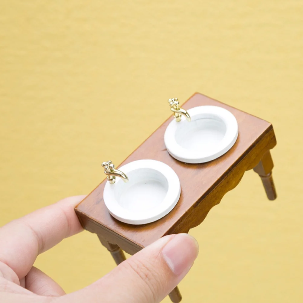 Miniature Sink Cabinet Toy House Accessories 4 Pieces 1:12 Dollhouse Furniture Bathroom Scene Double Basin Wash (walnut Color) Home Decor Ornament