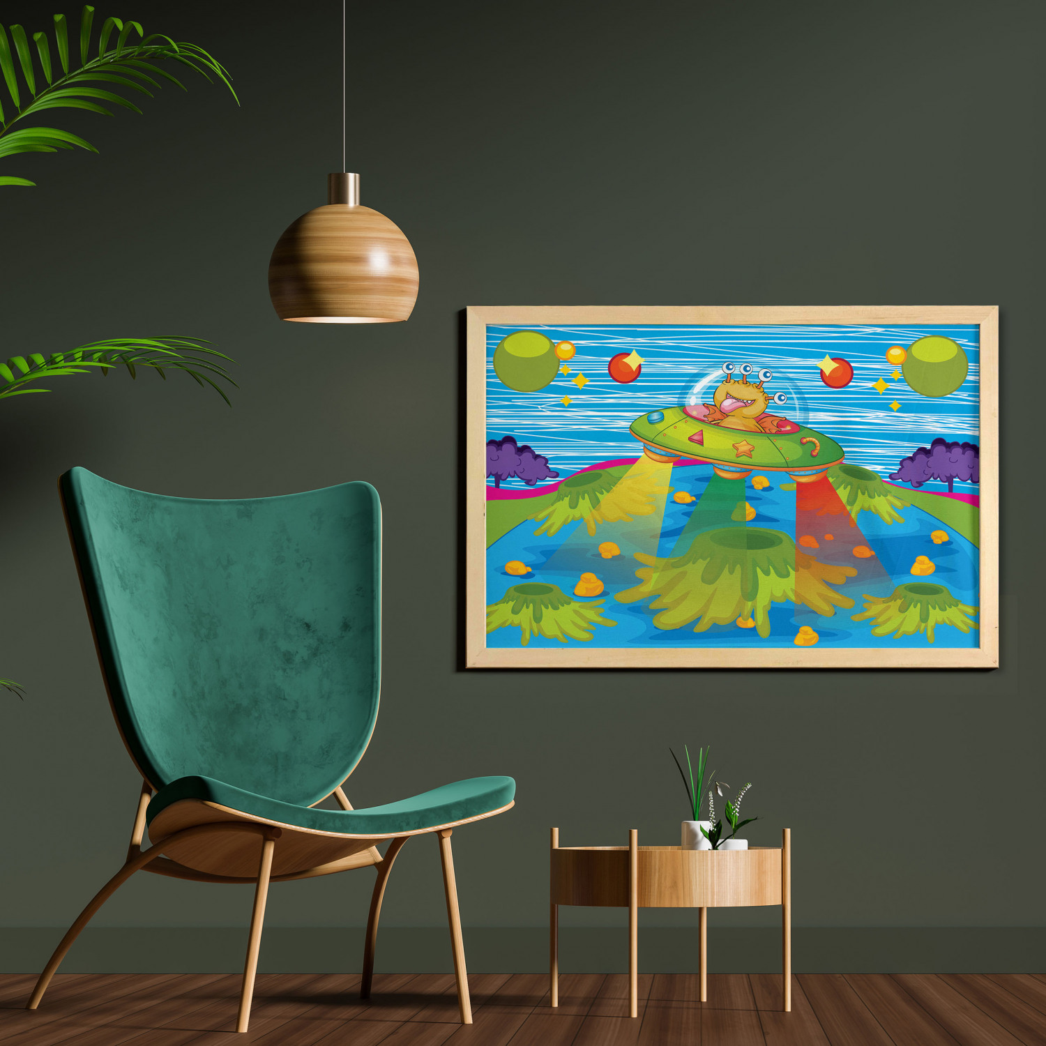 Outer Space Wall Art with Frame, Scary Monster Ufo on Planet Solar System Galaxy Funky Background Universe, Printed Fabric Poster for Bathroom Living Room, 35