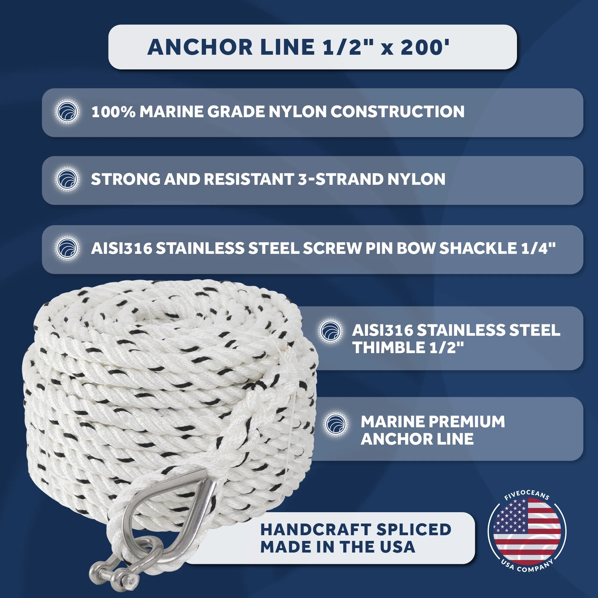 Five Oceans Anchor Line 1/2 inch x 200 ft - Anchor Rope Line - Marine Premium 3-Strand White Nylon - Stainless Steel Thimble and Schakle - Ideal for Mooring Anchoring Towing - FO4486-C200