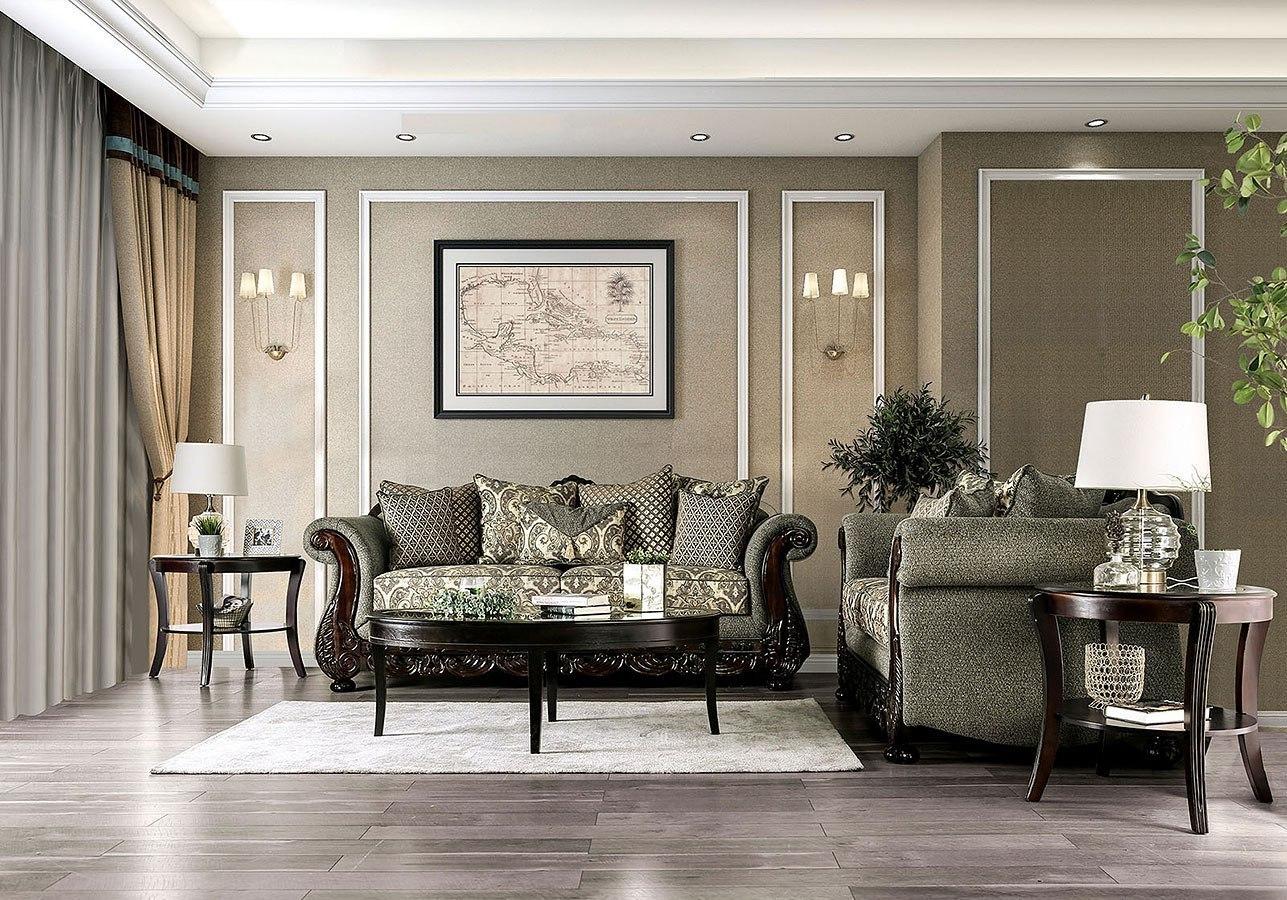 Traditional Gray & Espresso Chenille Sofa and Loveseat FOA Justina