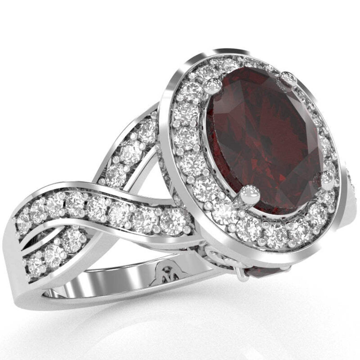 Three Stone Garnet Diamond Peekaboo Halo Engagement Ring In 14k White Gold