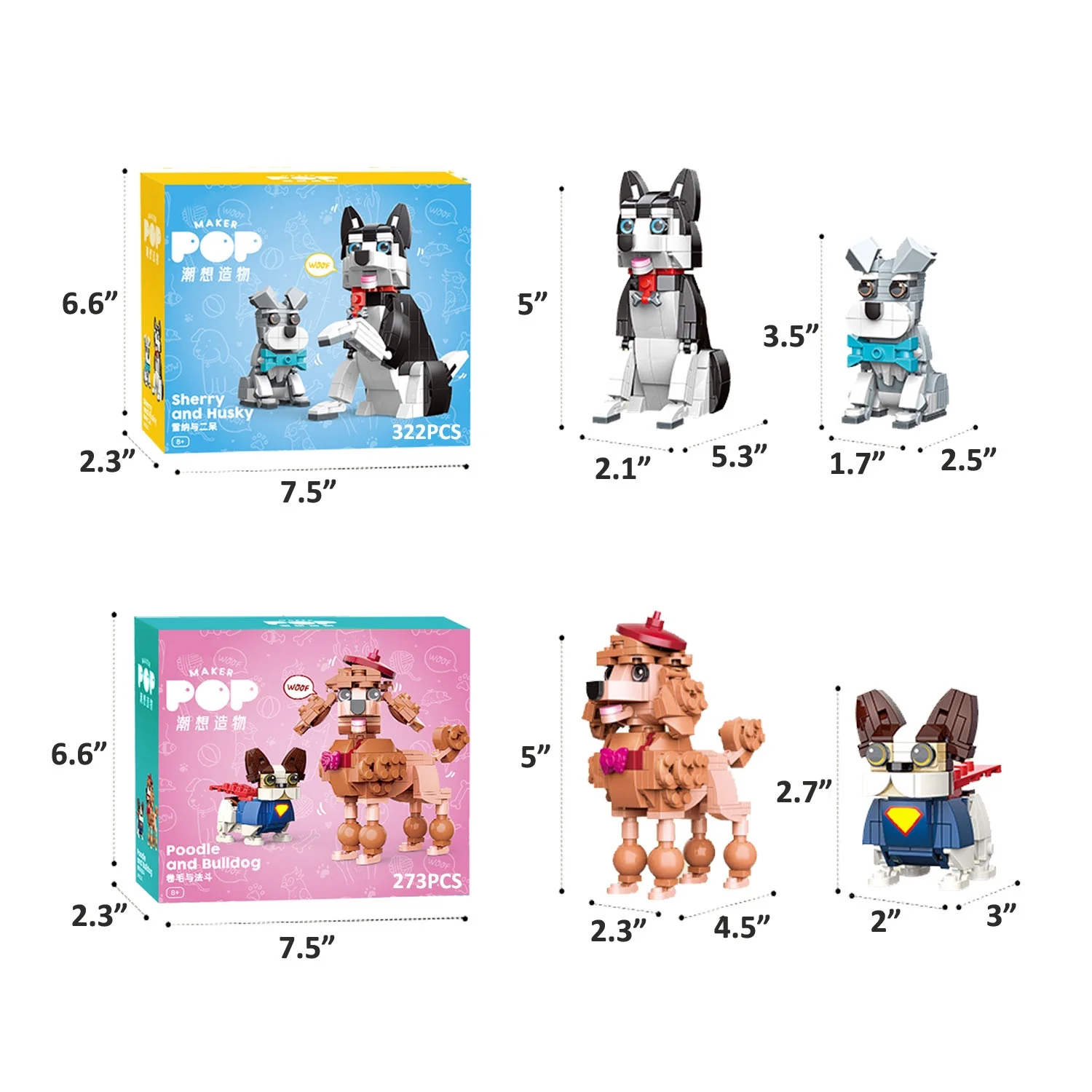 BT Bear Dog Building Blocks Set, Animal Pet Building Kit for Kids Girl Boy, Fun Gift for Birthday, Children's Day, Christmas (Husky and Schnauzer)-322PCS