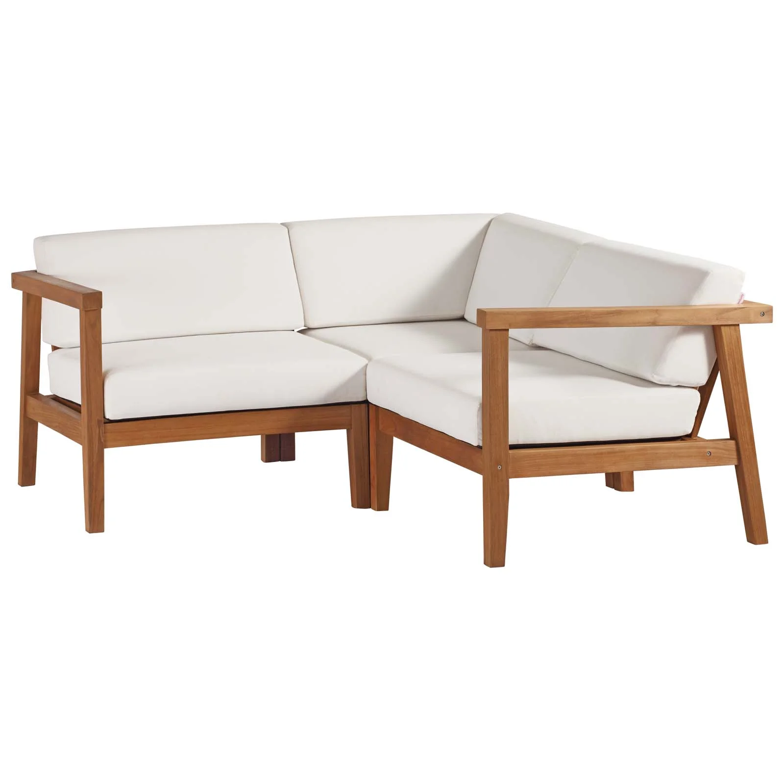 Modway Bayport Outdoor Patio Teak Wood 3-Piece Sectional Sofa Set in Natural White
