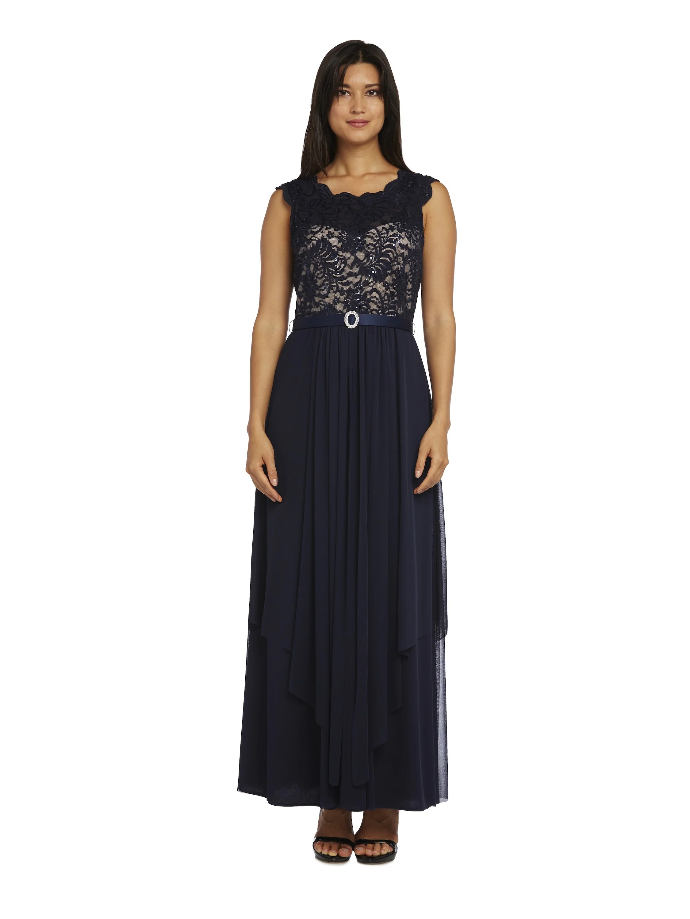 R & M Richards Women's Sequin Lace Embroidered A-line Dress, Navy/Taupe, 10
