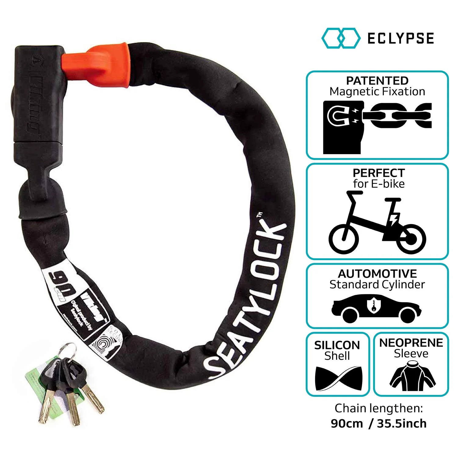 Eclypse Seatylock Viking Chain Bicycle Lock - 10mm, 90cm, 35.4 inch - Black - Viking90