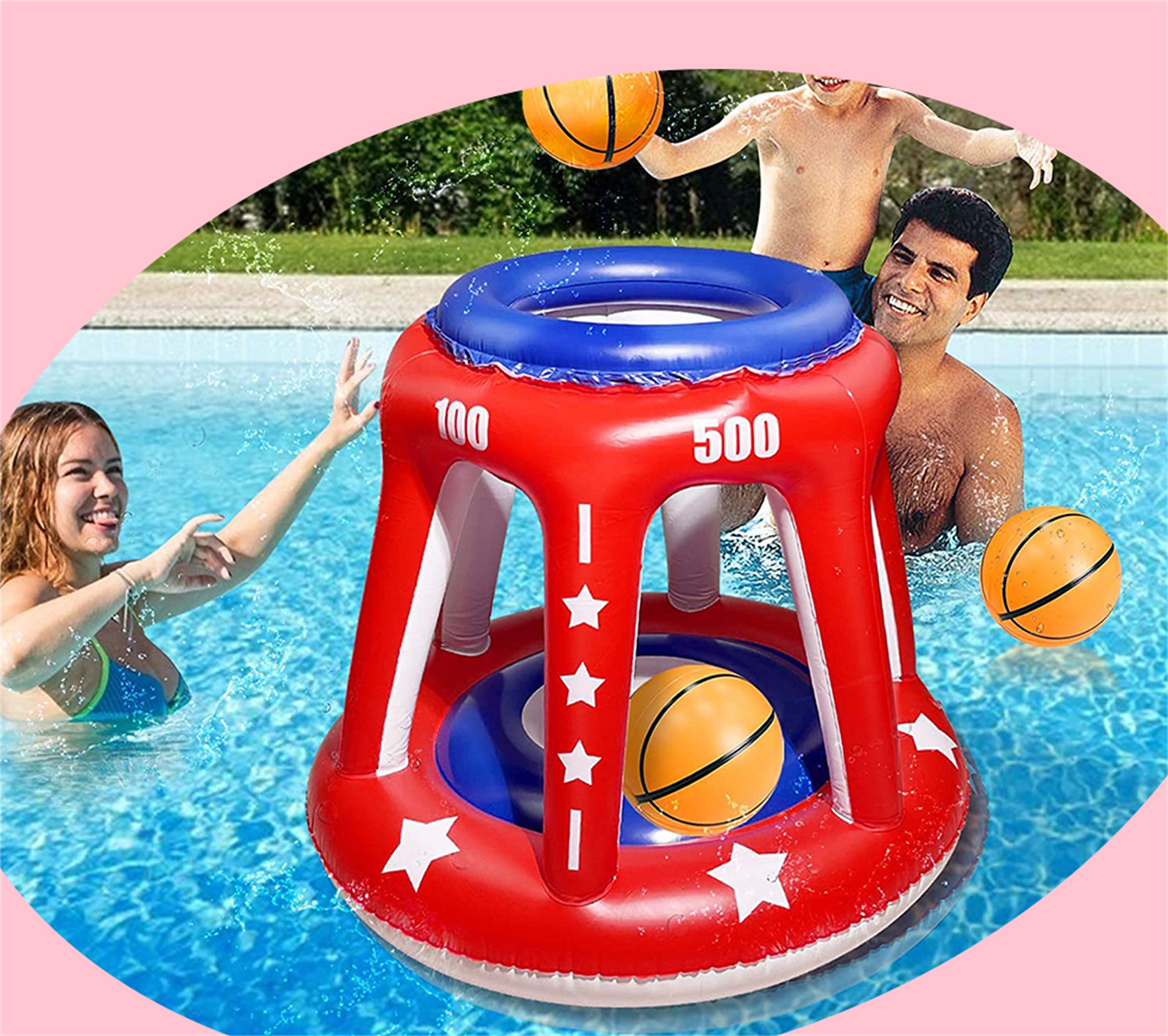 4 In 1 Set Giant Inflatable Pool Basketball Hoop with 3 Balls 6 Score Hole Swimming Pool Party Game