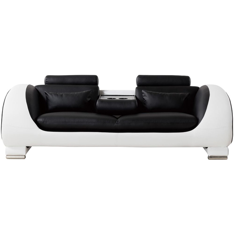 Benjara Modern Style Faux Leather Upholstered Wooden Sofa with Headrest, Black and White