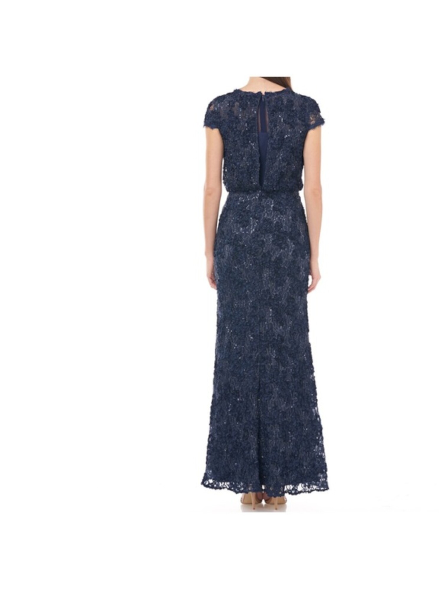 JS COLLECTION Womens Navy Lace Zippered Soutache Embroidered Gown Short Sleeve Crew Neck Maxi Formal Blouson Dress 6