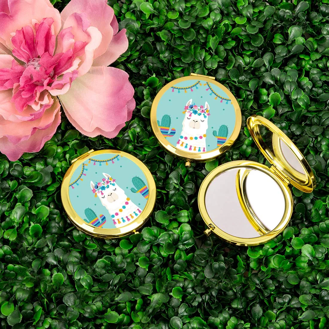 Koyal Wholesale Llama and Cactus Party Favors, Gold Compact Mirror, Llama Graphic, 1-Pk, Llama Alpaca Bohemian Themed