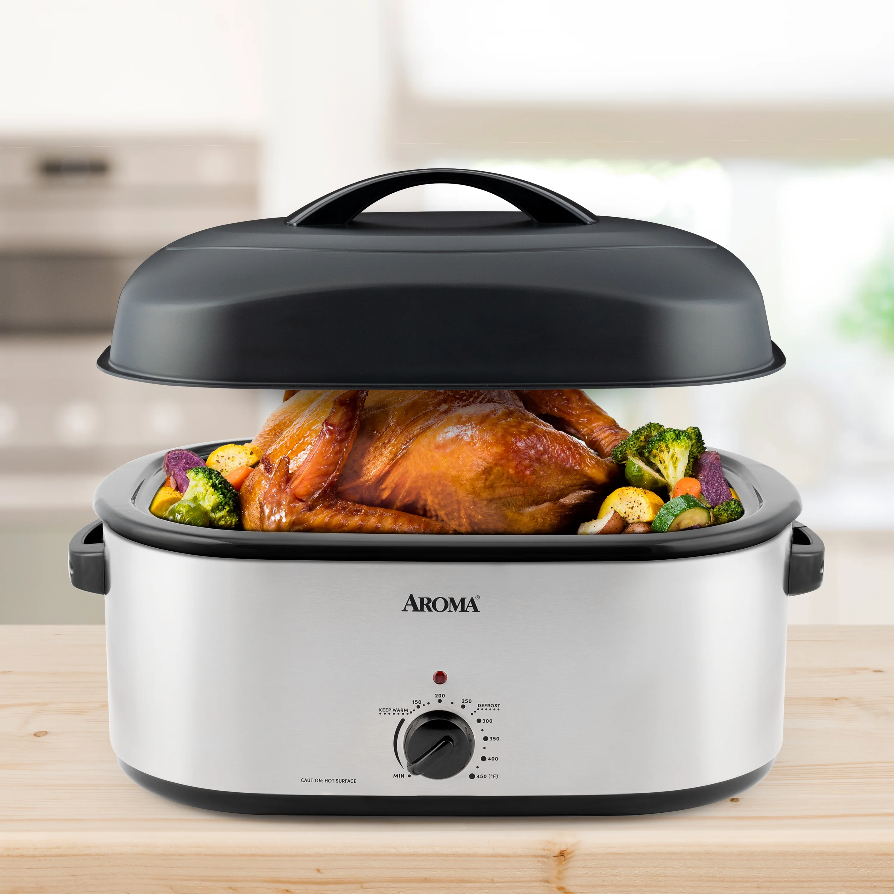 Aroma® 22 Quart Electric Roaster Oven with High-Dome & Self-Basting Lid,  Stainless Steel