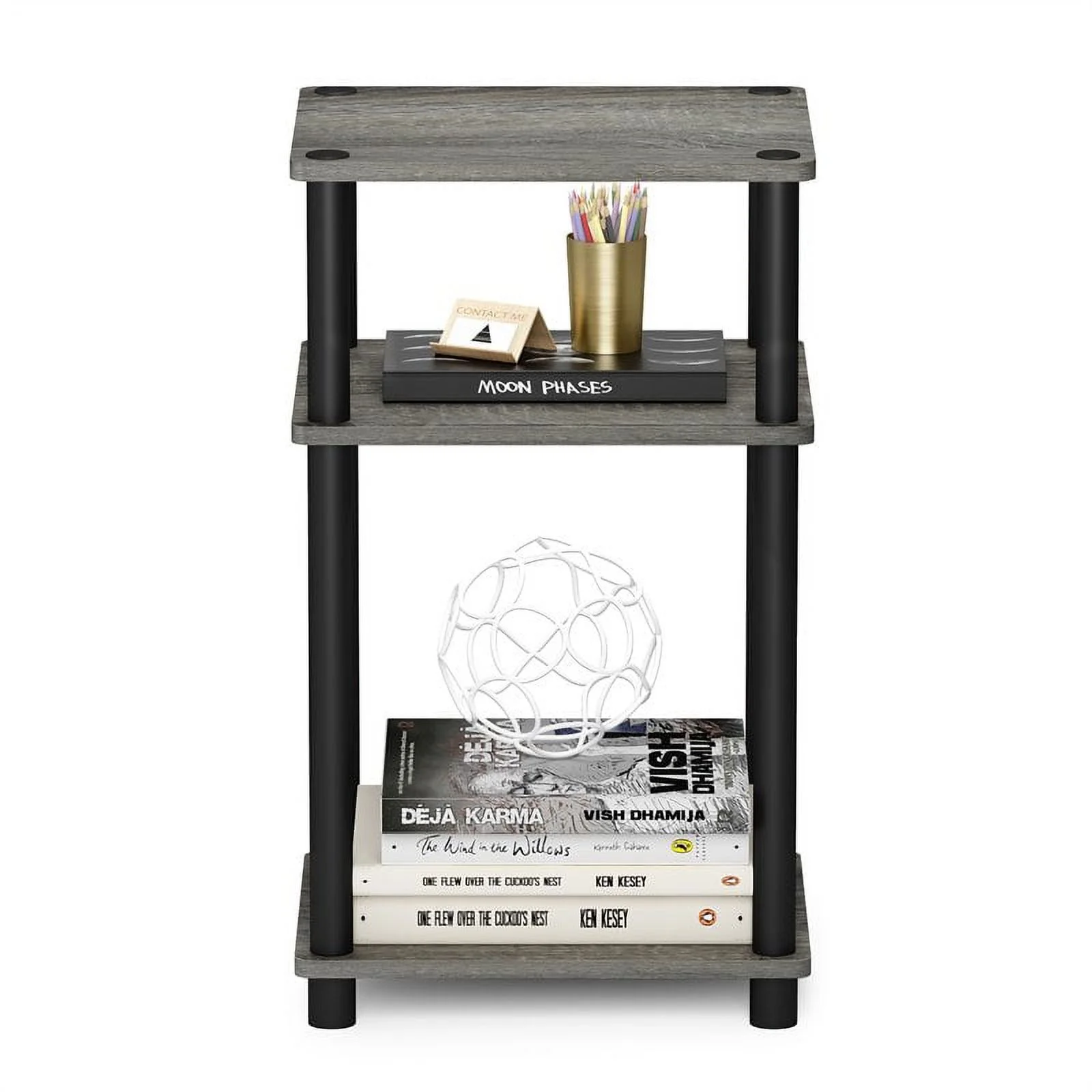 Furinno Just 3-Tier Turn-N-Tube End Table, 1-Pack, French Oak/Black