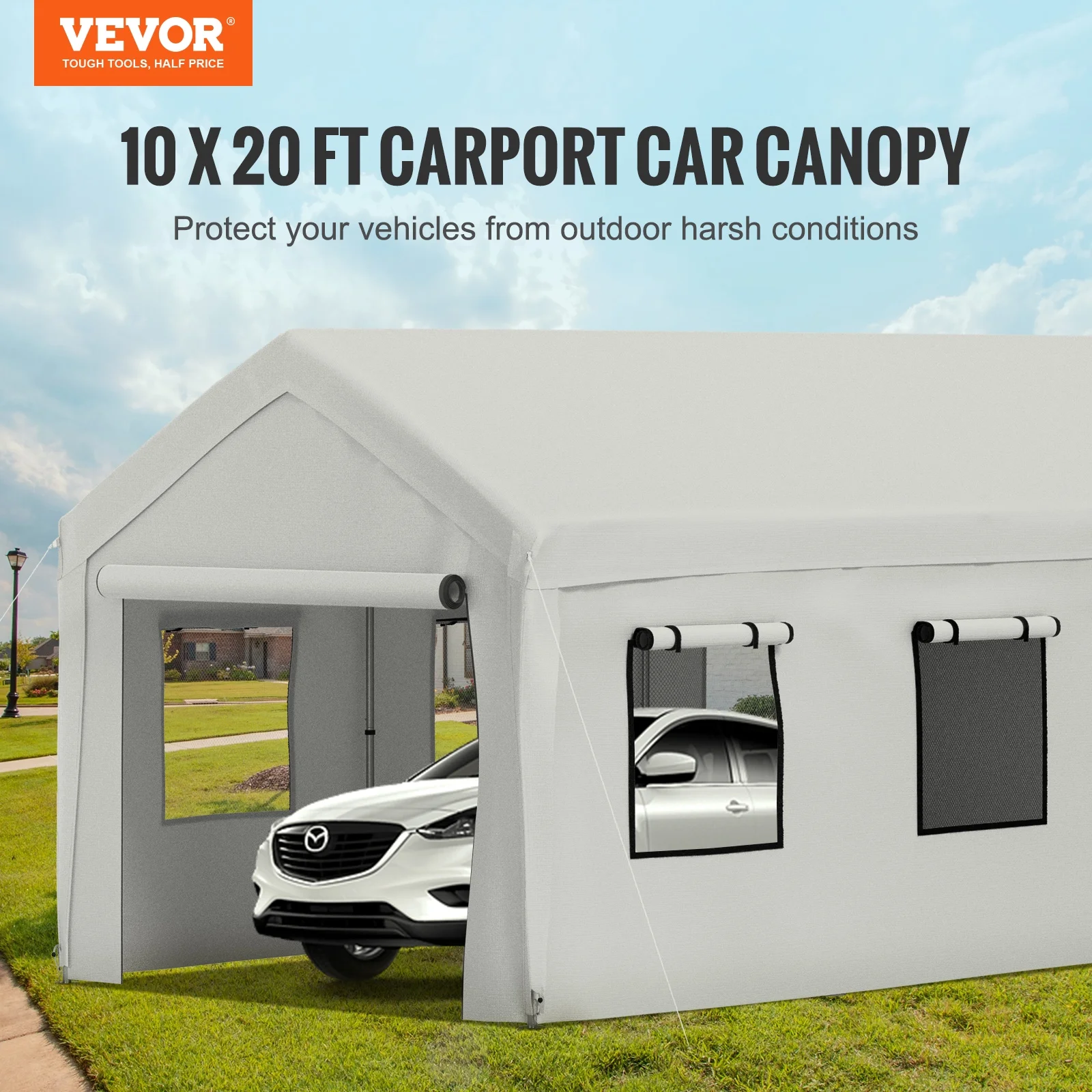VEVOR Carport Canopy Car Canopy 10 x 20ft w/ 8 Legs and Sidewalls & Windows Gray