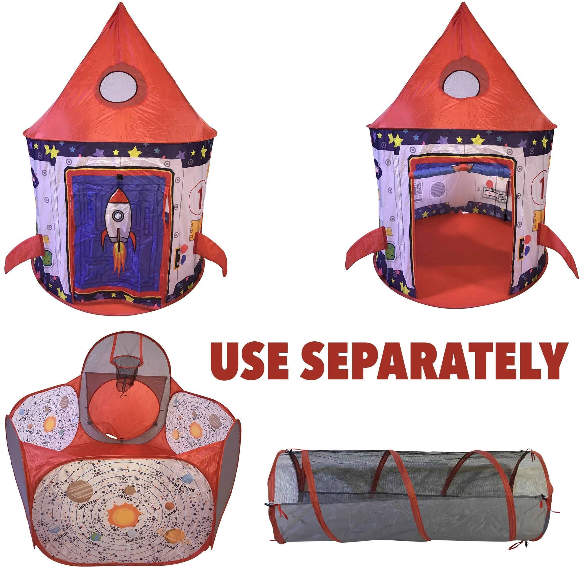 Playz 3pc Rocket Ship Astronaut Kids Play Tent, Tunnel, & Ball Pit with Basketball Hoop Toys for Boys, Girls, Babies, and Toddlers