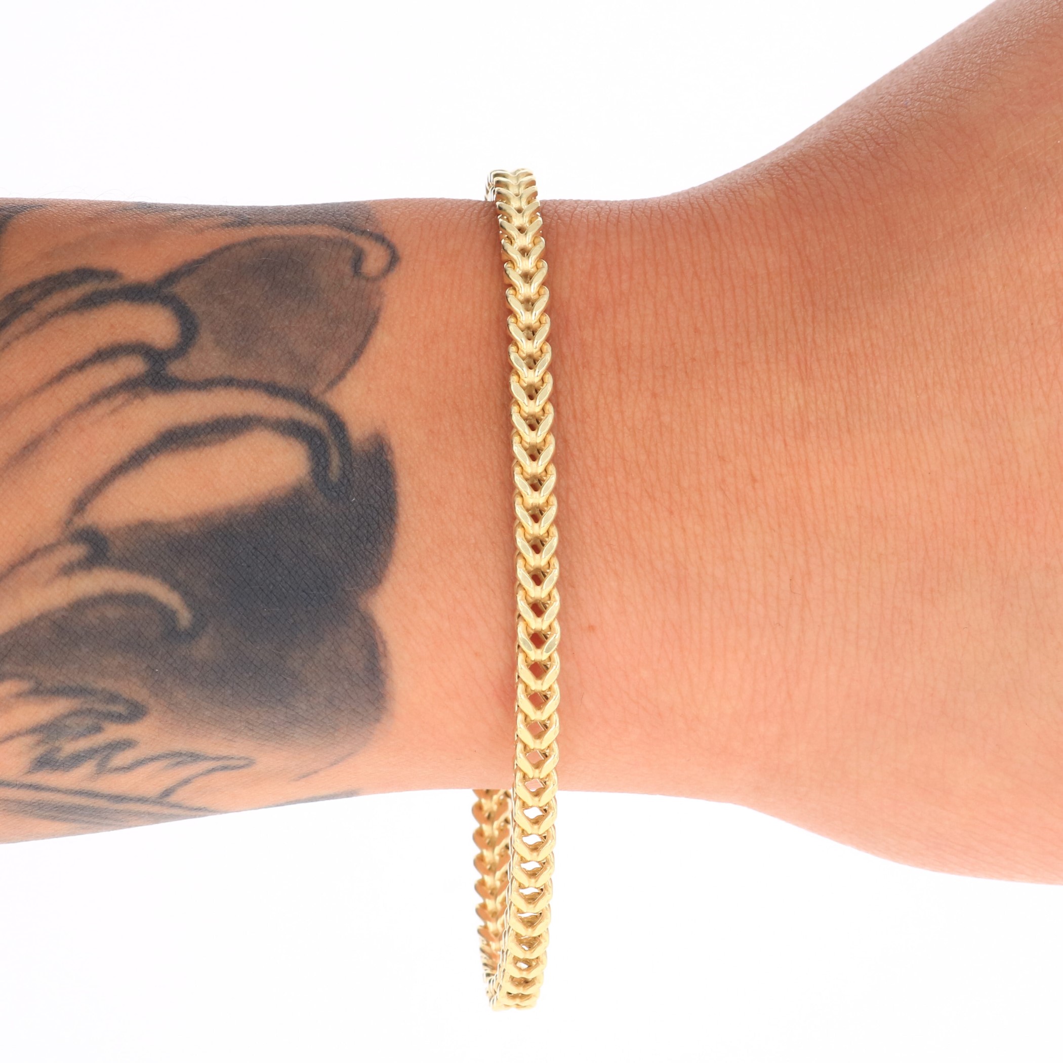 Nuragold 10k Yellow Gold 4mm Franco Chain Box Square Wheat Bracelet, Mens Jewelry 7