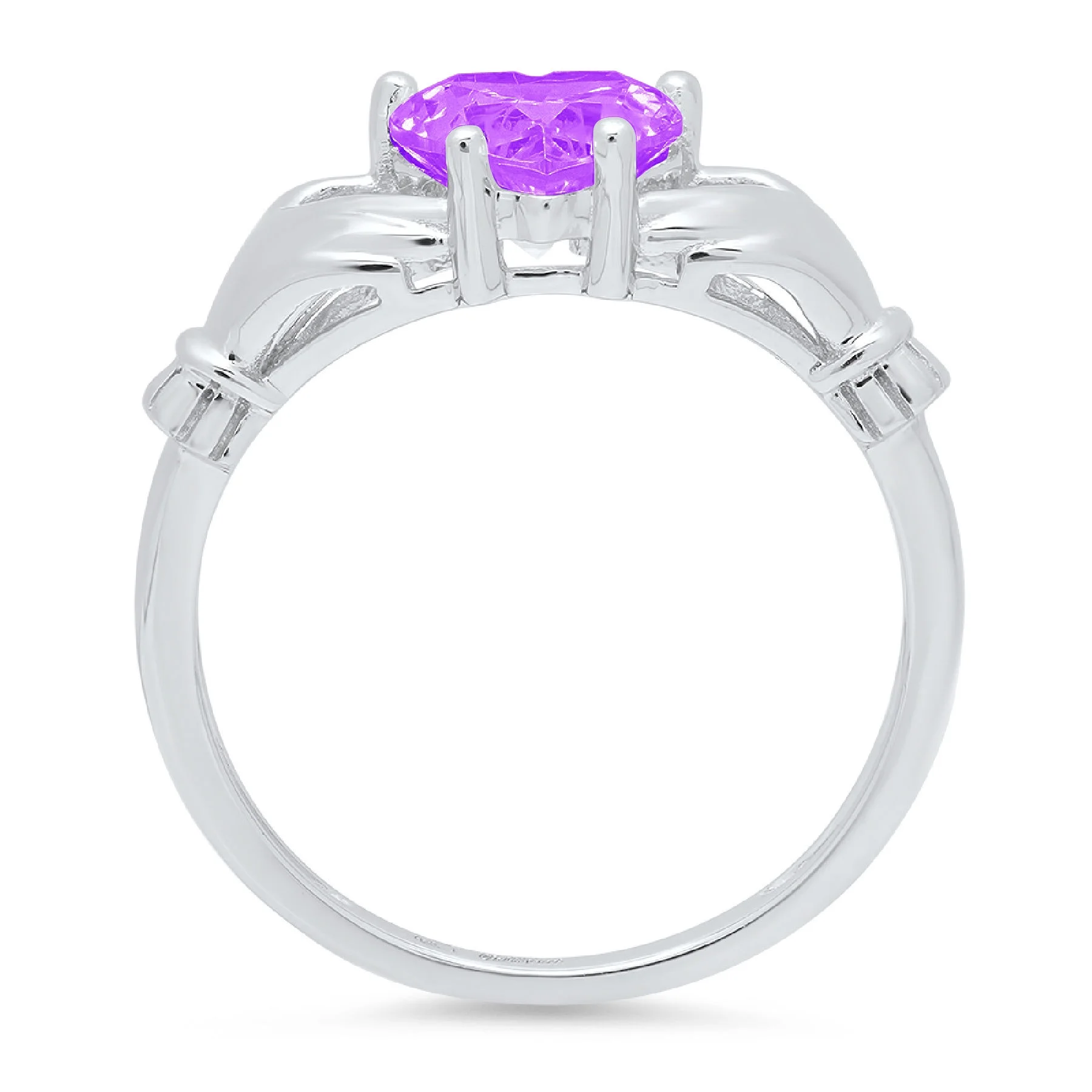 1.06ct Heart Cut Purple Natural Amethyst 18k White Gold Engraving Statement Anniversary Engagement Wedding Solitaire Claddagh Ring Size 3.5