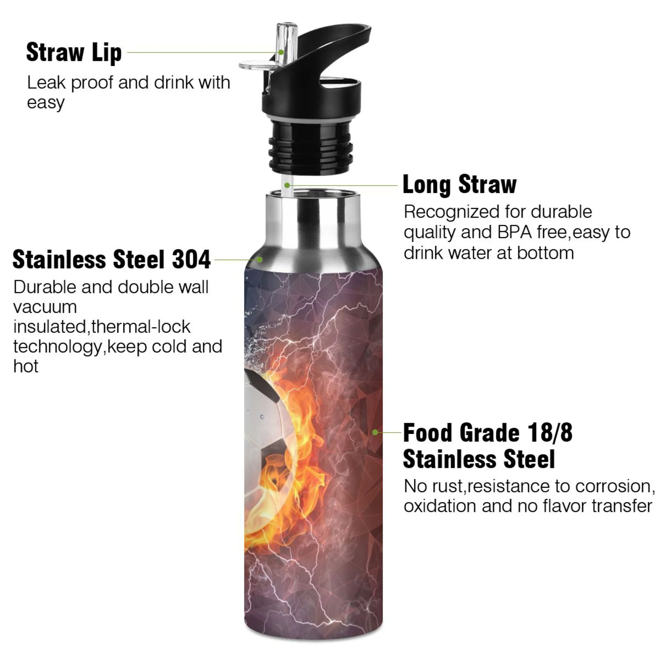 Water Bottle with Straw Lid Leak Soccerball on Fire and Water Stainless Steel Insulated Thermos Vacuum Flask for Cold Hot Drinking for Sports Camping Gym Yoga