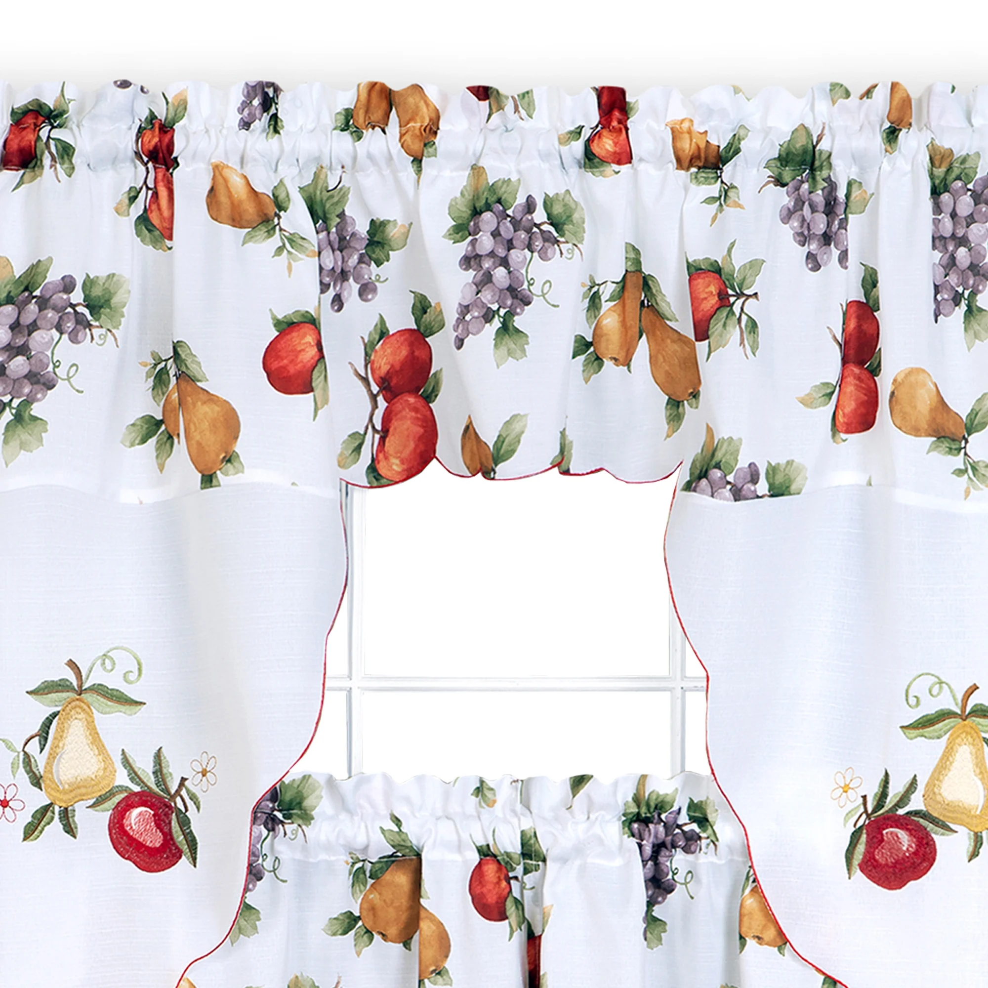 PowerSellerUSA Floral Butterflies Tier Panels and Swag Curtains, 3-Piece Window Curtains & Valance, For Kitchen or Living Room, Cafe Curtains for Small Windows, Floral Fruits, 58
