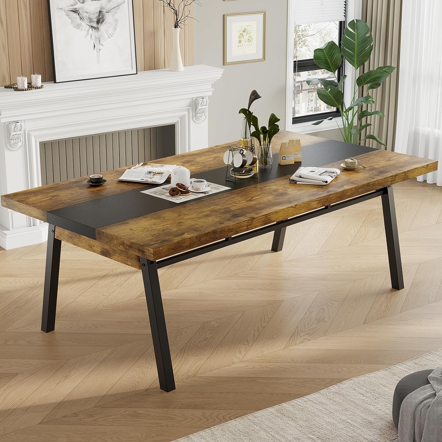 AOGLLATI Dining Room Table for 8 to 10 People, 71-inch Rectangular Kitchen Table with Strong Metal Frame, Industrial Large Long Dining Room Table for Big Family,Brown