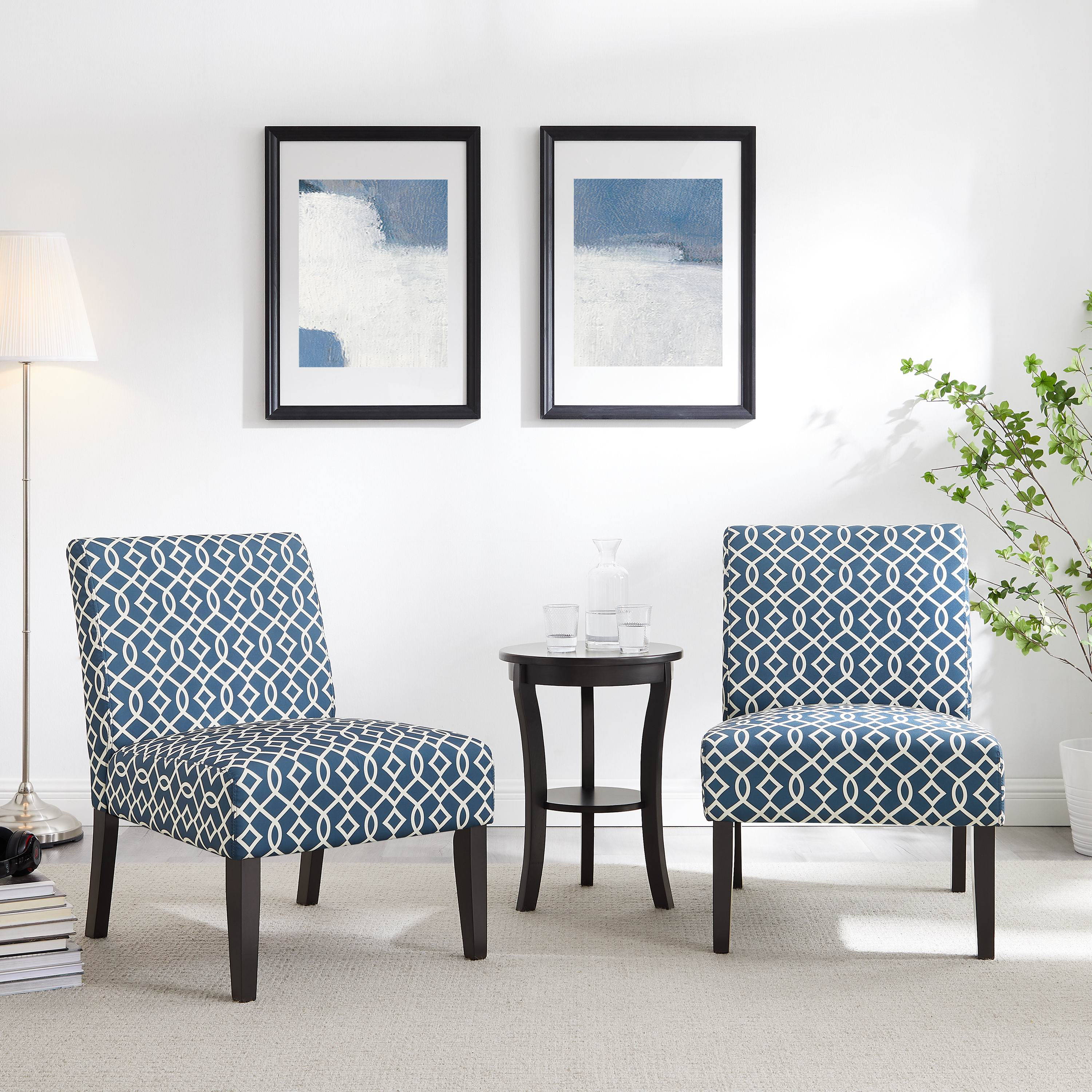 OWSOO Modern Style 3pc Set Living Room Furniture 1 Side Table and 2 Chairs Blue Fabric Upholstery Wooden Legs