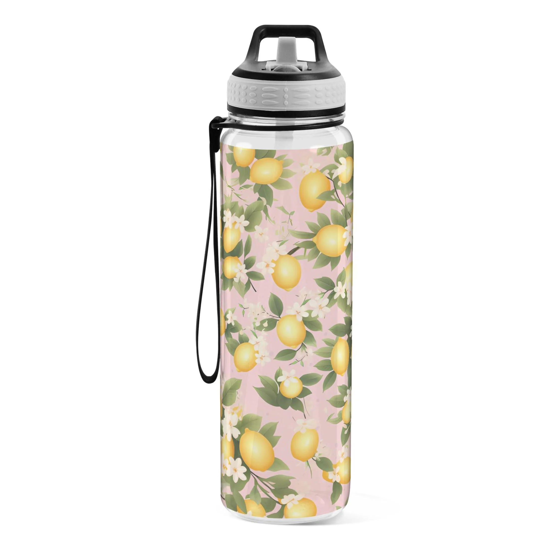Lemons and Flowers 32oz Water Bottles with Straw Tritan Leakproof Sports Bottle BPA Free Clear for Fitness Gym Swimming Cycling