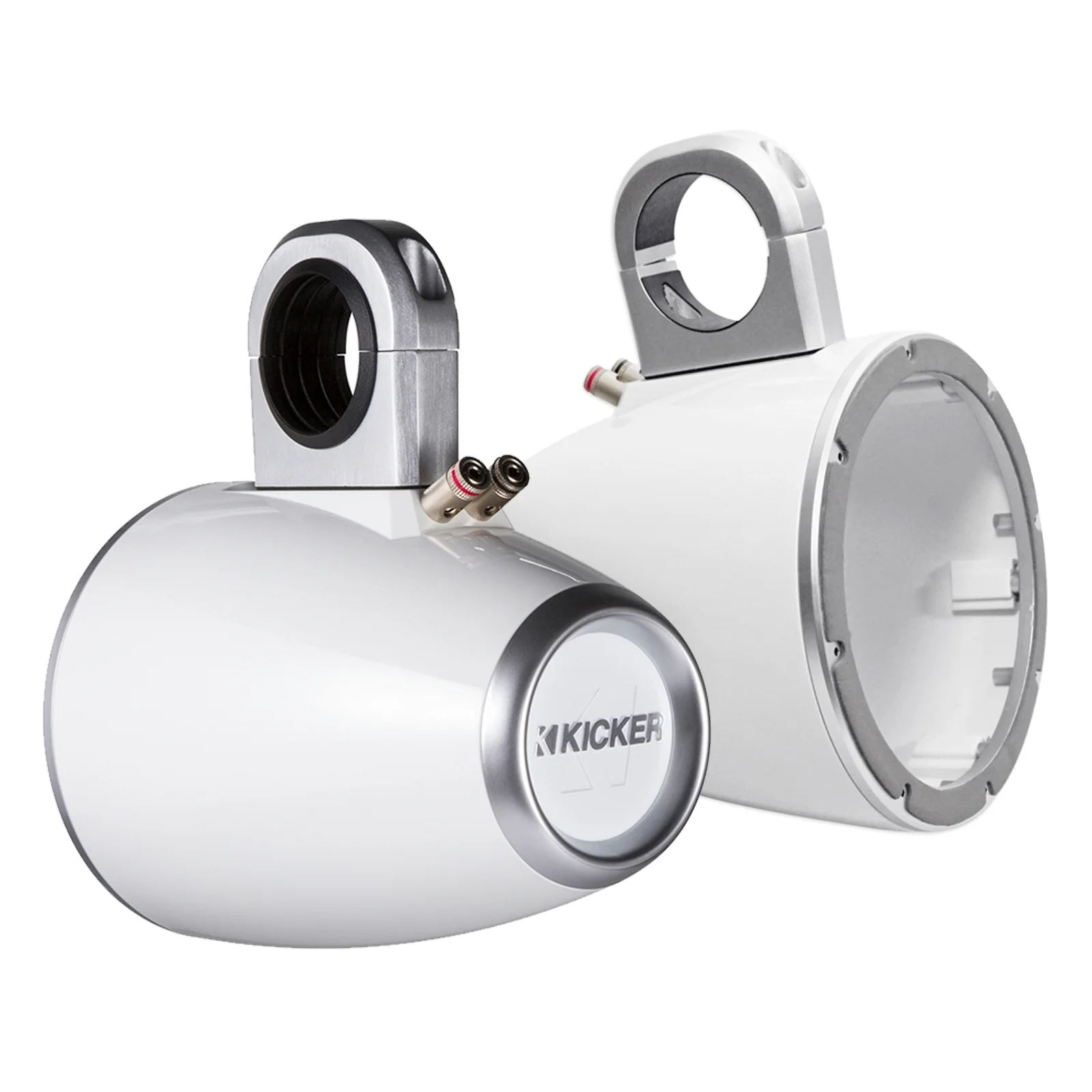 4x Kicker KM60 6.5-Inch Marine White Coaxial Speakers, 4x Kicker Marine KMTESW Tower Enclosure for 6.5-Inch Drivers White, Enrock Audio Marine Grade Spool of 50 Foot 16-Gauge Speaker Wire