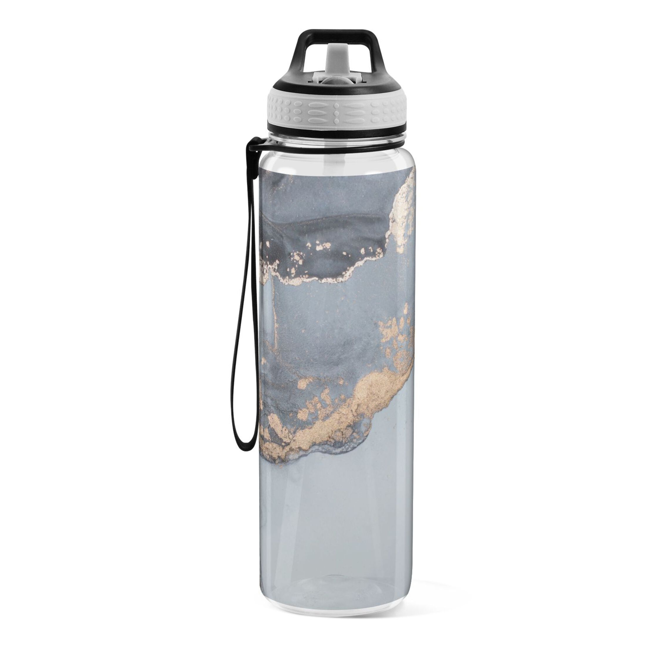 Grey and Black Marble Pattern 32oz Water Bottles with Straw Tritan Leakproof Sports Bottle BPA Free Clear for Fitness Gym Swimming Cycling