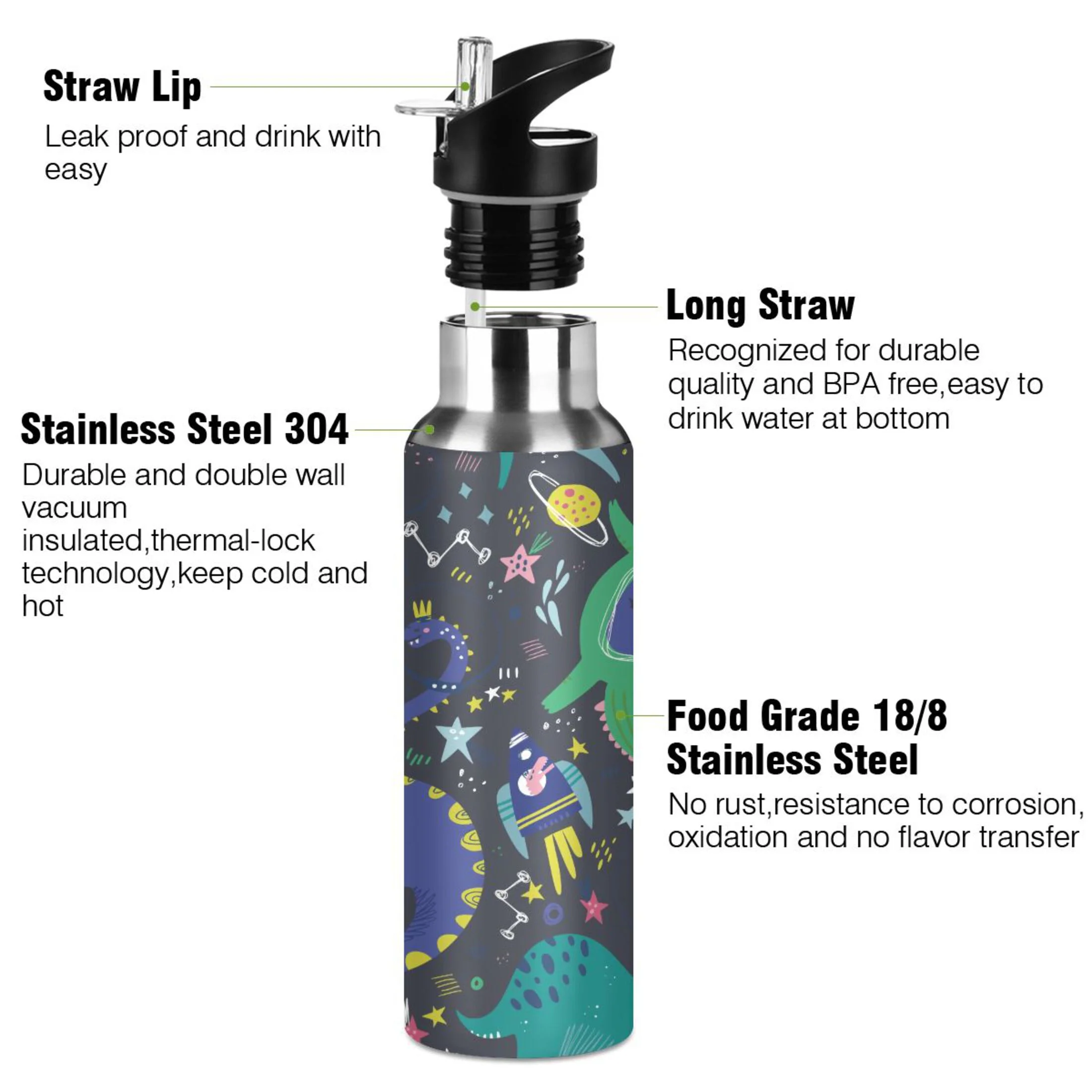 Water Bottle with Straw Lid Leak Dinosaurs in Space Stainless Steel Insulated Thermos Vacuum Flask for Cold Hot Drinking for Sports Camping Gym Yoga