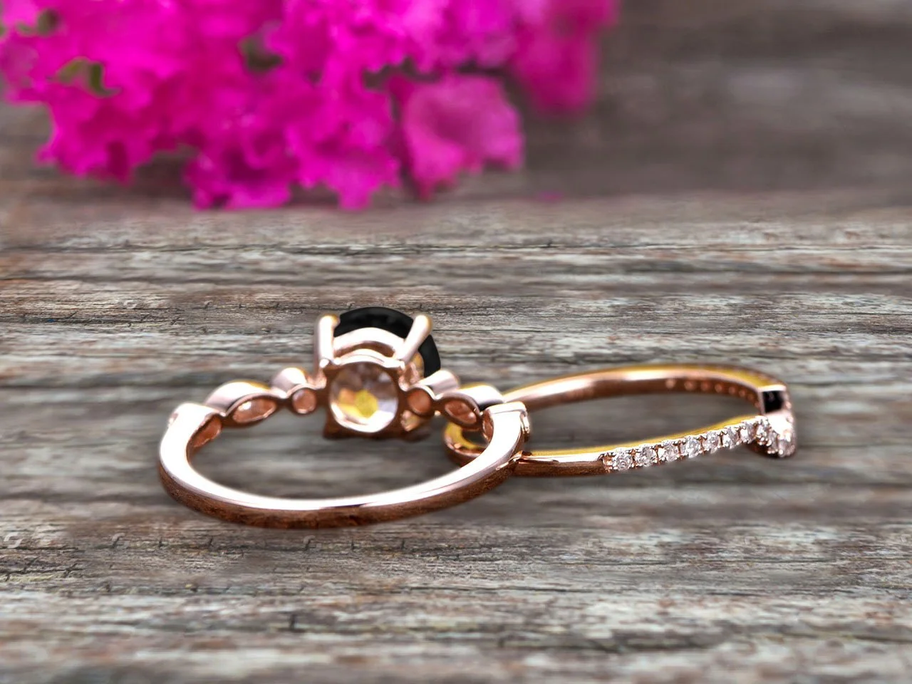 2 Carat Black Diamond Moissanite 10k Rose Gold Wedding Set Bridal Ring Art Deco Halo Stacking Matching Band Round Cut Gemstone Astonishing Looking Anniversary Gift